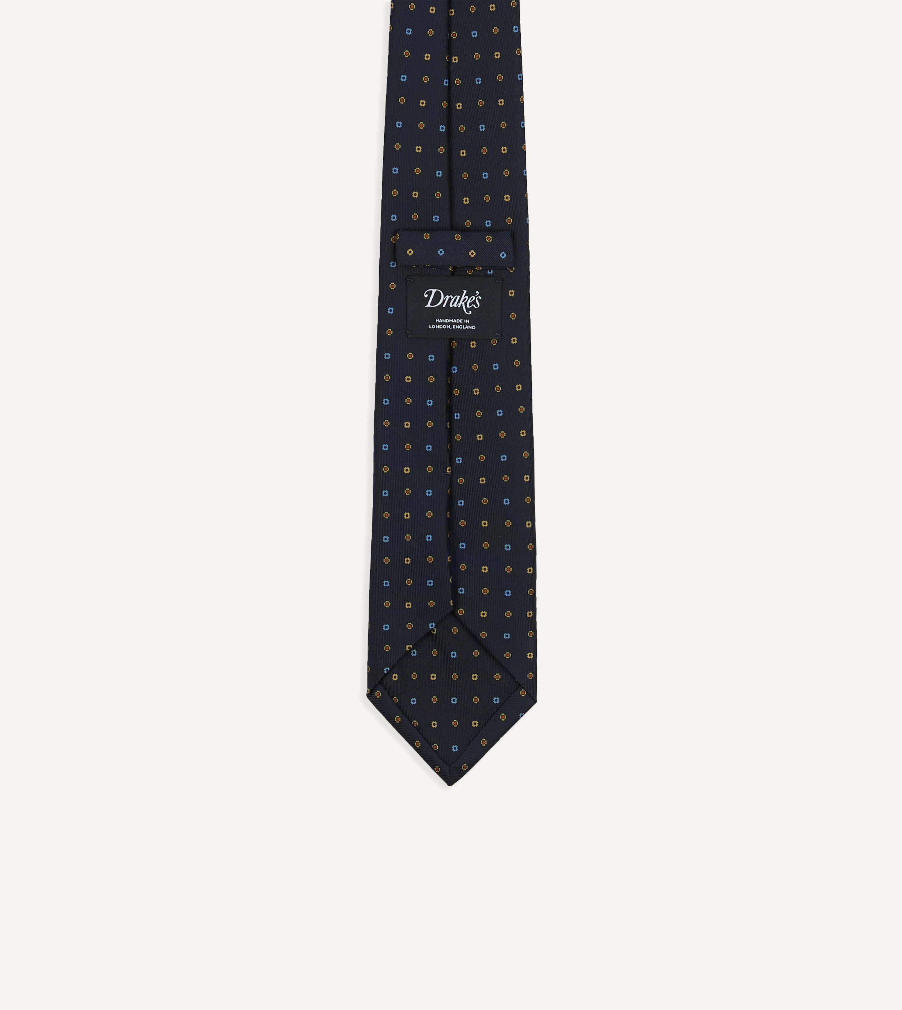Navy Geometric Flower Print Silk Self-Tipped Tie