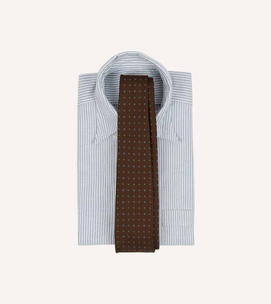 Brown Geometric Flower Print Silk Self-Tipped Tie