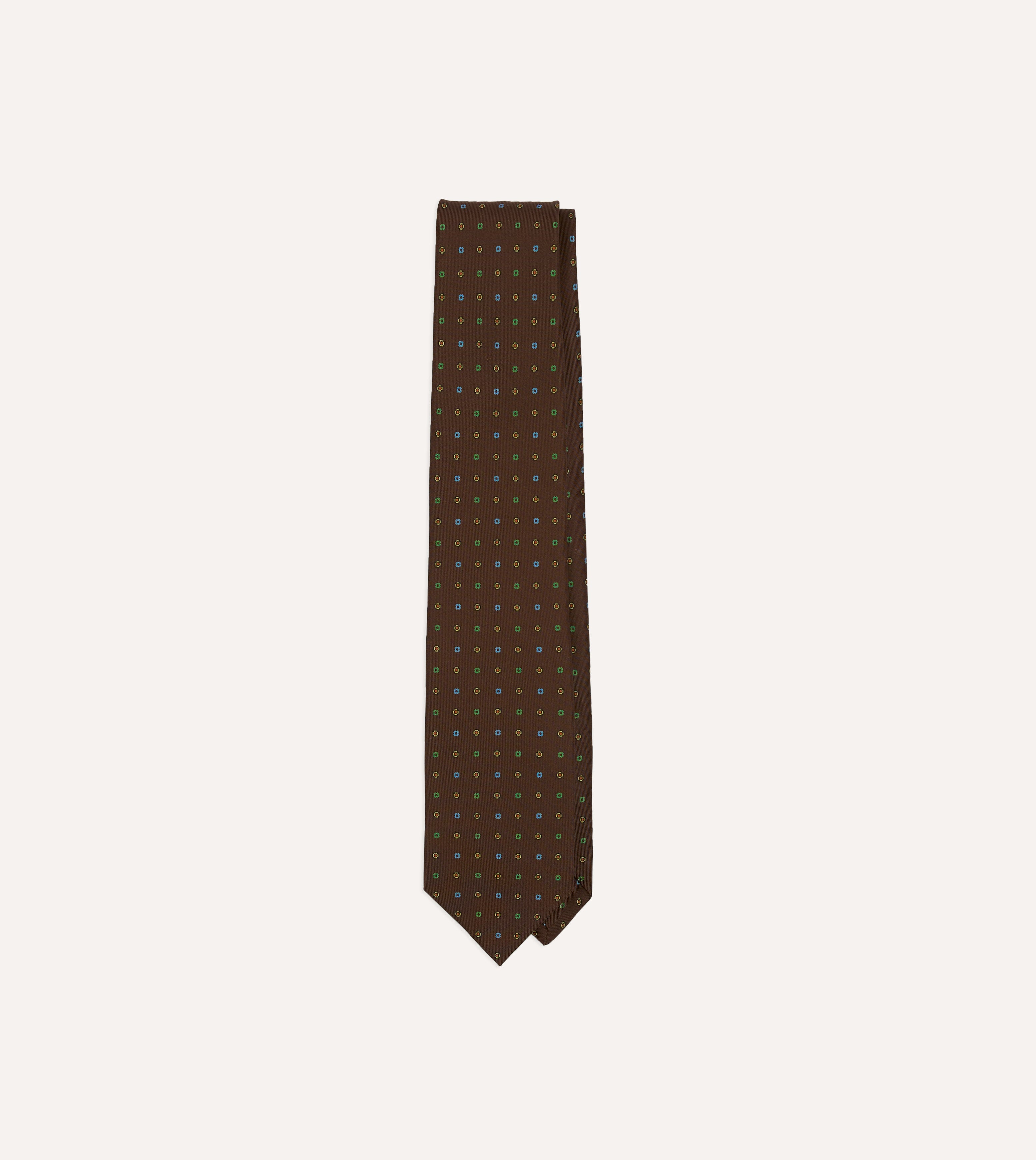 Brown Geometric Flower Print Silk Self-Tipped Tie