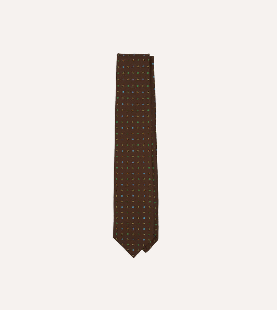 Brown Geometric Flower Print Silk Self-Tipped Tie