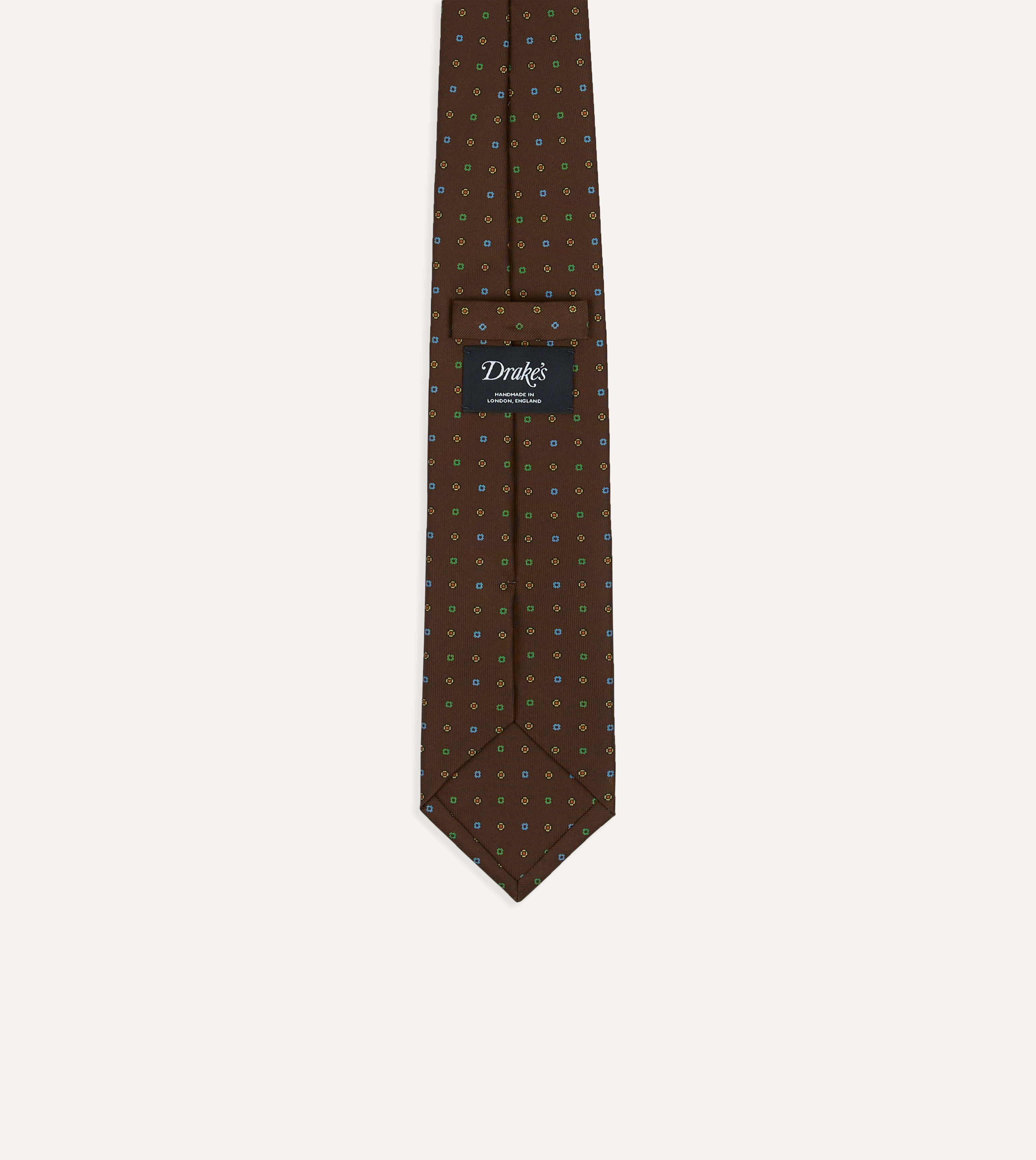 Brown Geometric Flower Print Silk Self-Tipped Tie