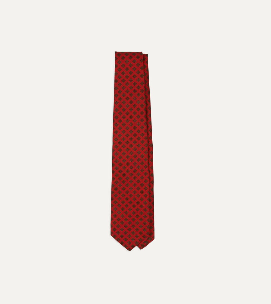 Red Flower Tile Print Silk Self Tipped Tie