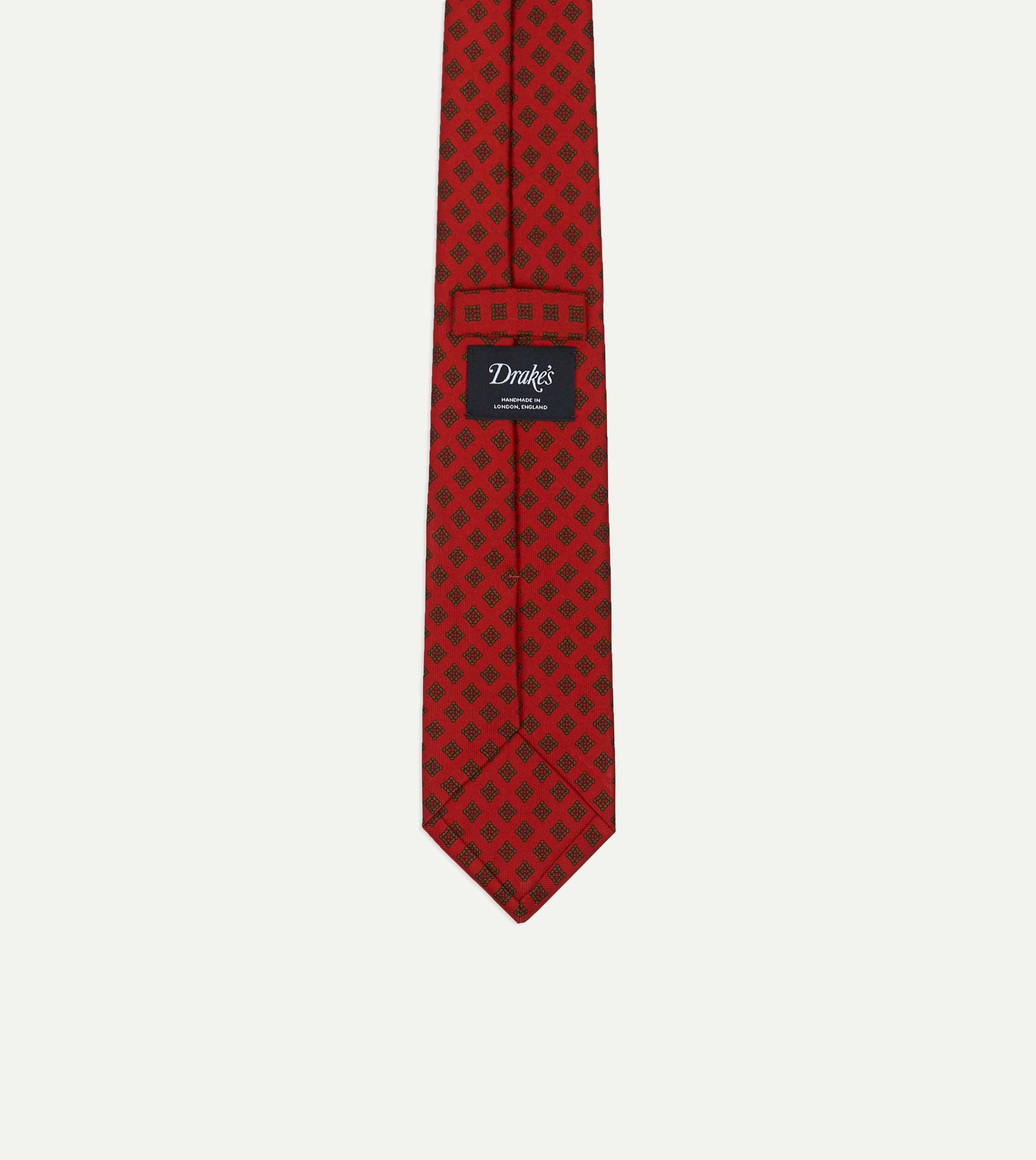 Red Flower Tile Print Silk Self Tipped Tie