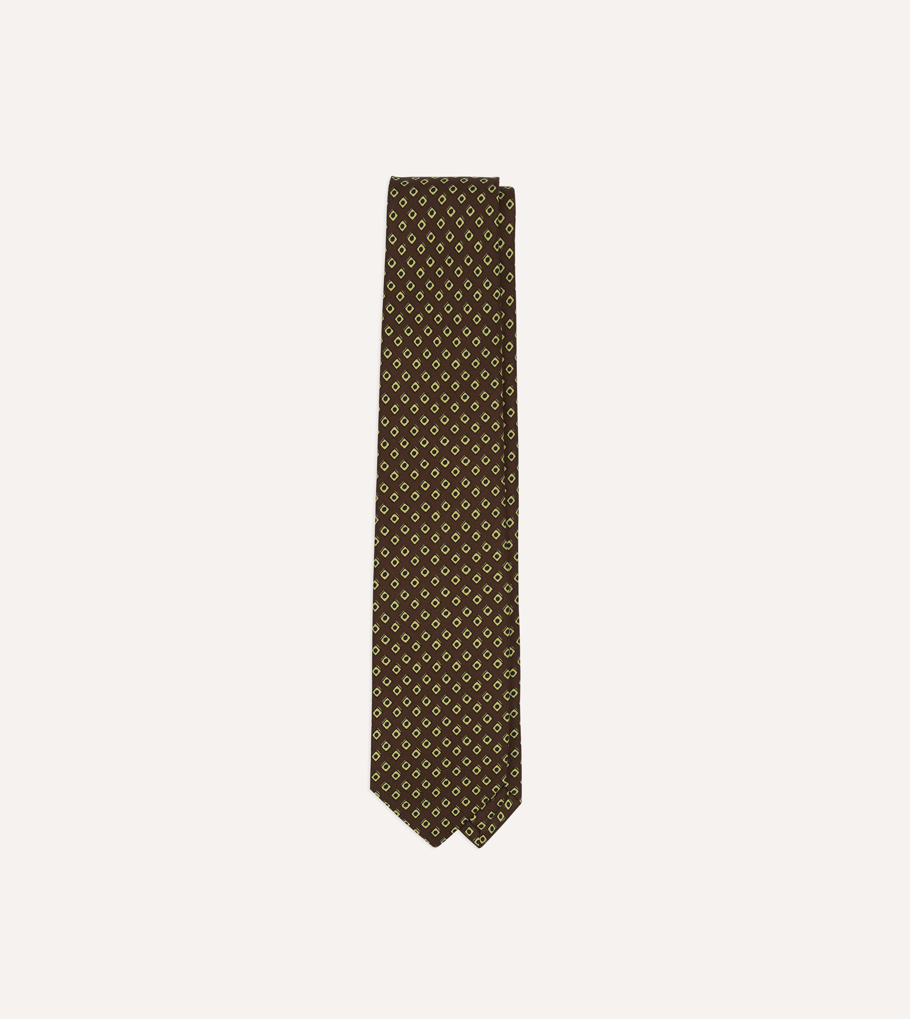 Brown Dotted Square Print Silk Self-Tipped Tie