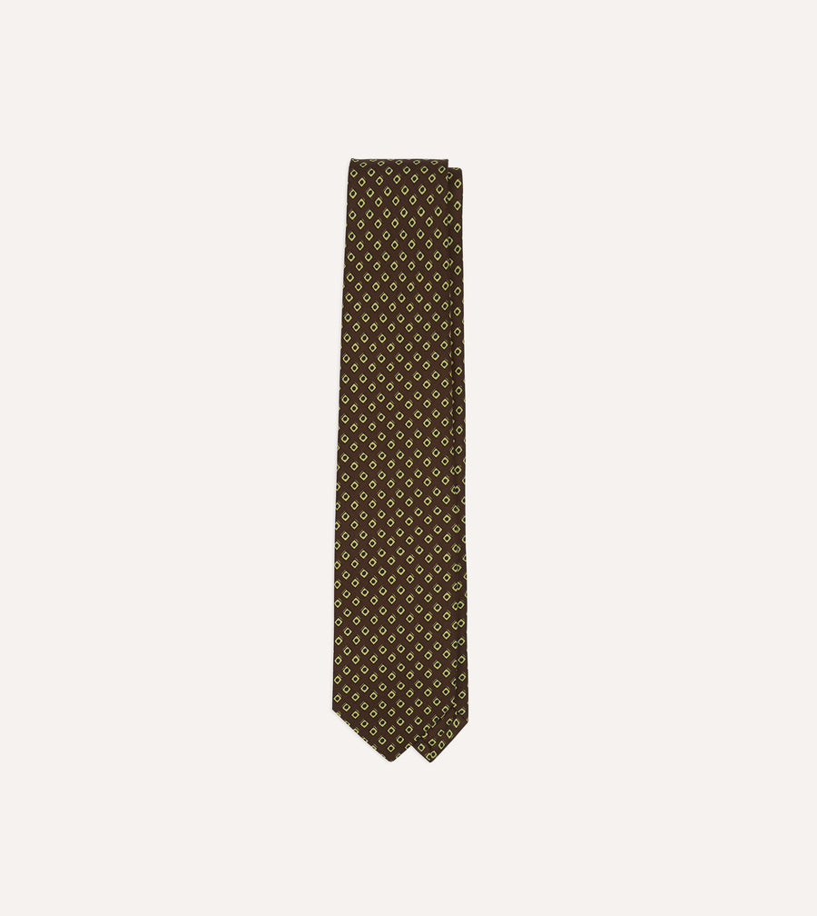 Brown Dotted Square Print Silk Self-Tipped Tie
