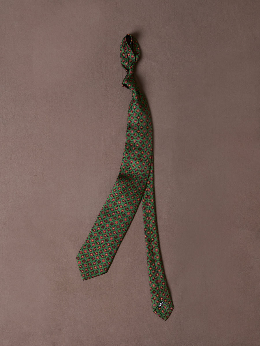 Green Mini Squares Tile Print Silk Self-Tipped Tie