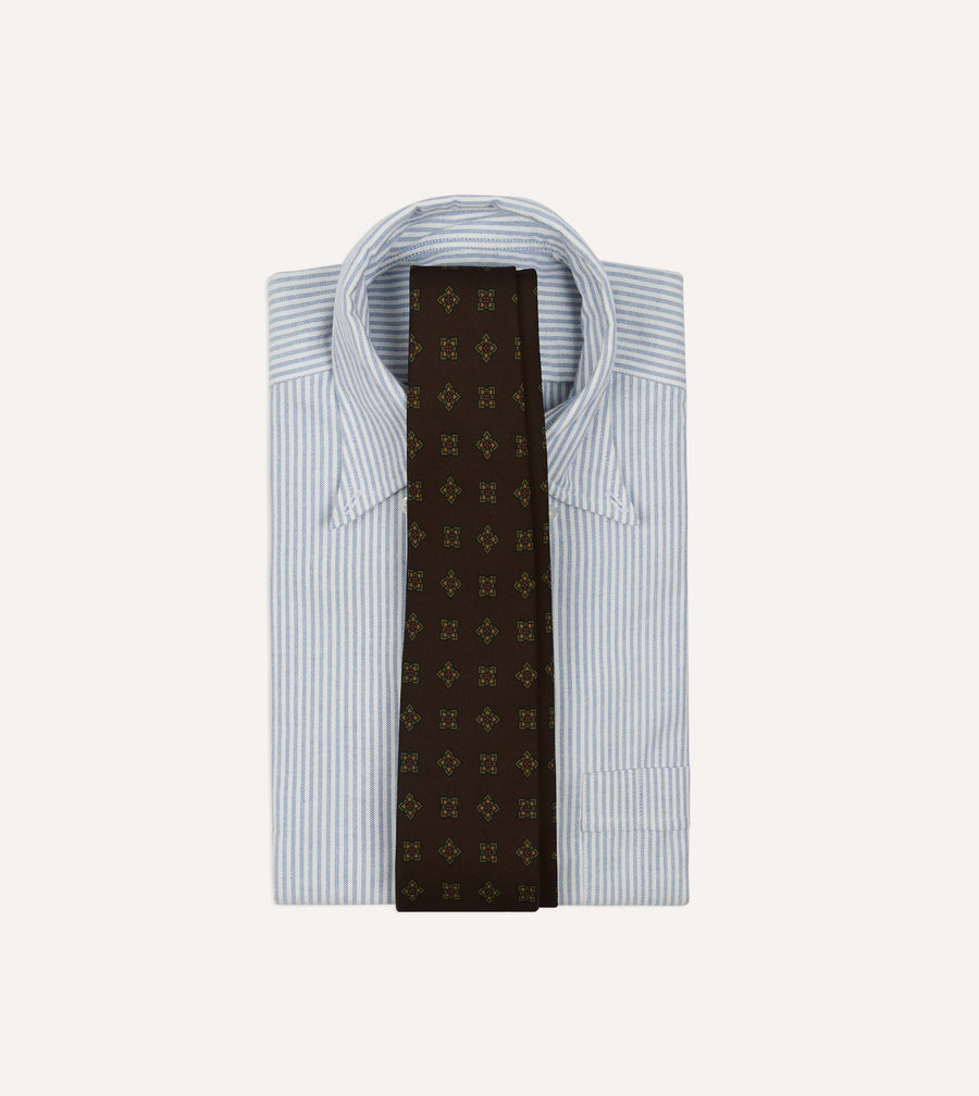 Brown Geometric Flowers Tile Print Silk Self-Tipped Tie