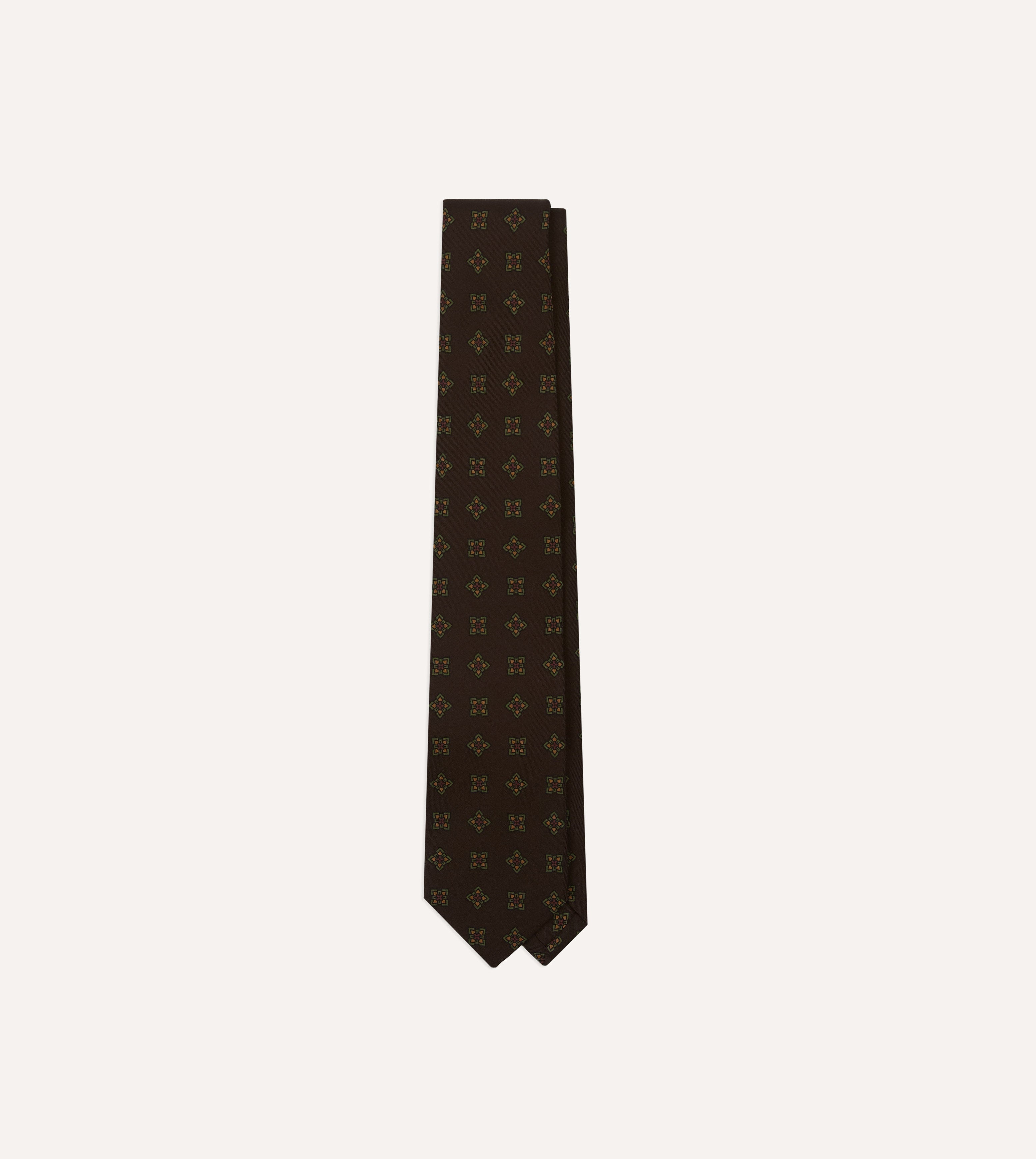 Brown Geometric Flowers Tile Print Silk Self-Tipped Tie
