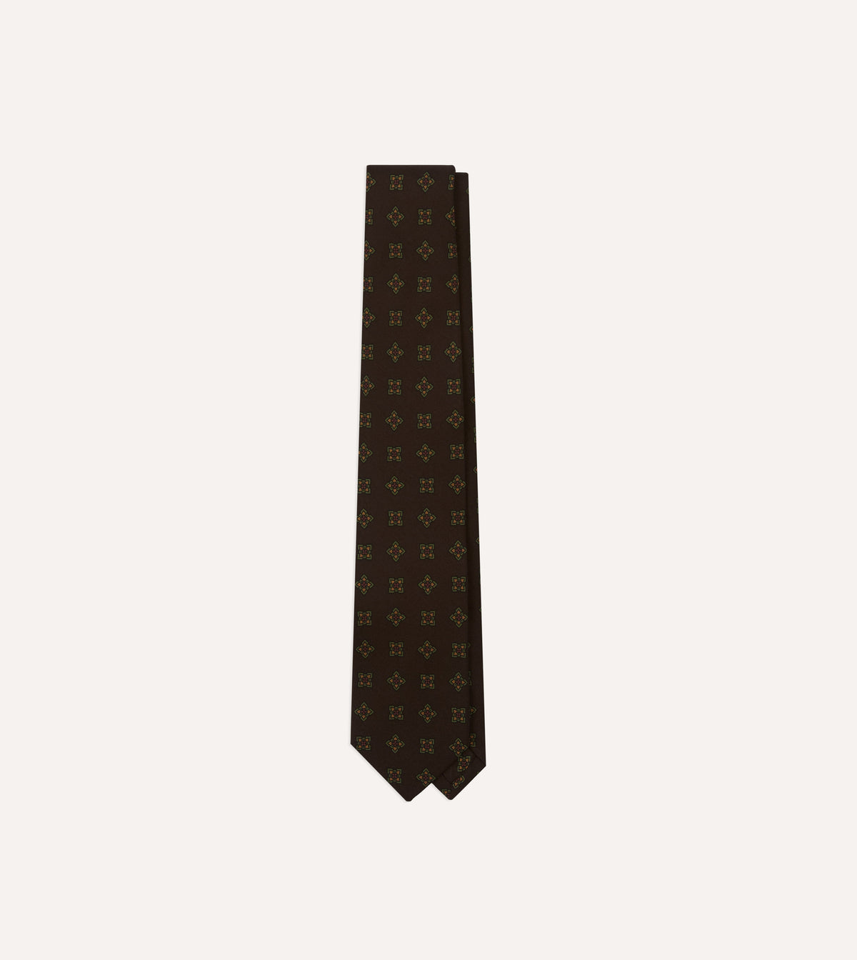 Brown Geometric Flowers Tile Print Silk Self-Tipped Tie