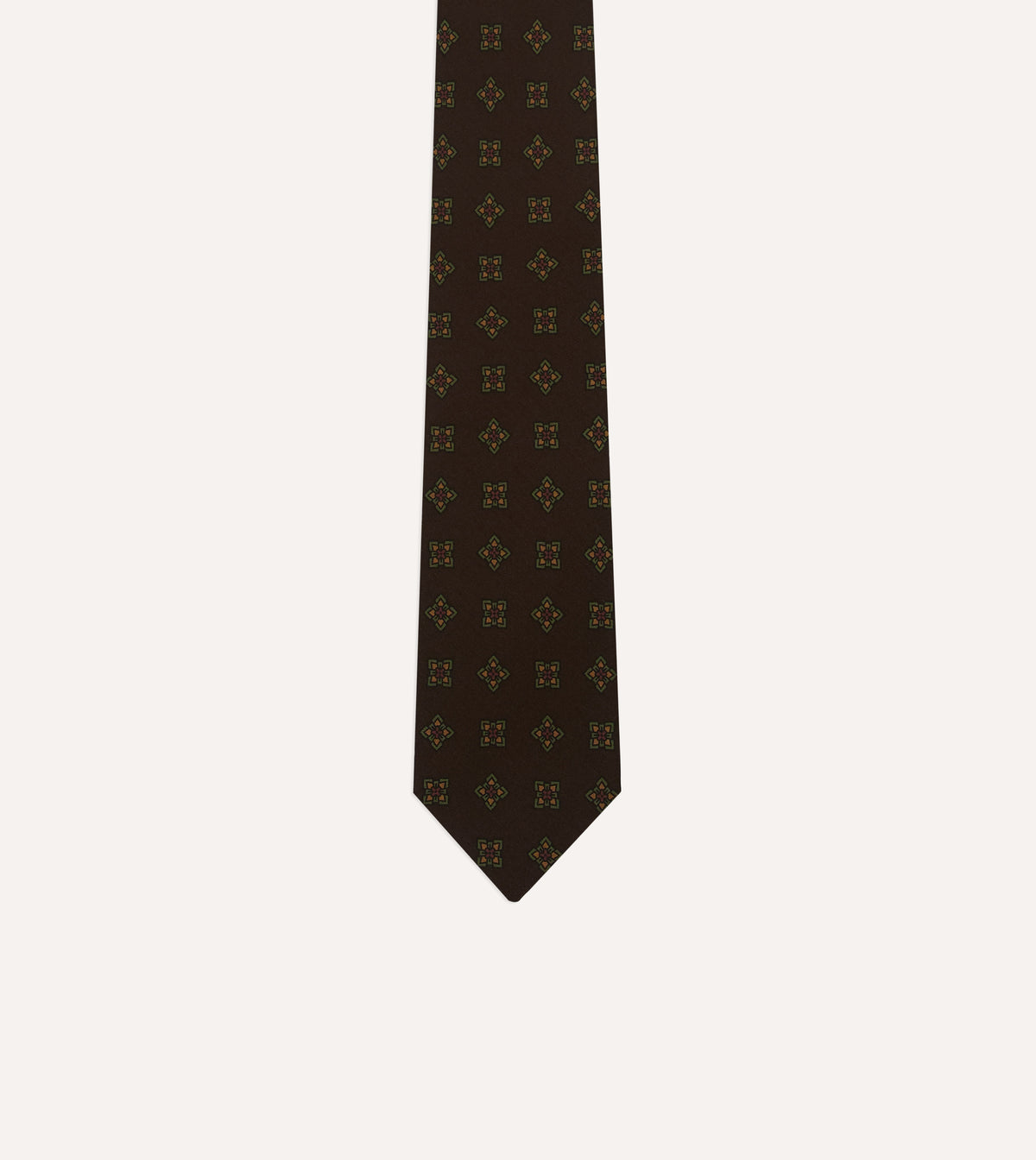 Brown Geometric Flowers Tile Print Silk Self-Tipped Tie
