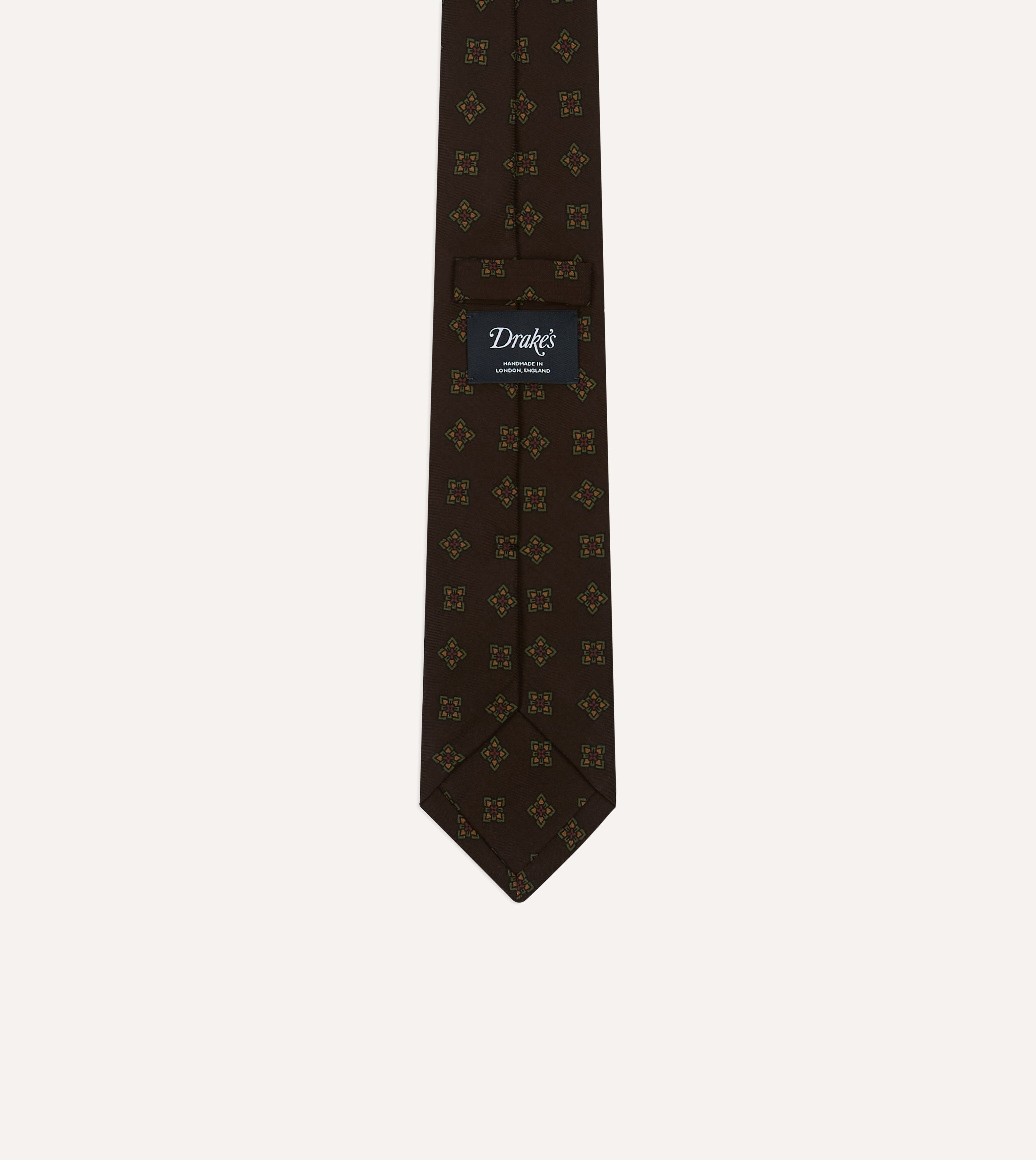 Brown Geometric Flowers Tile Print Silk Self-Tipped Tie