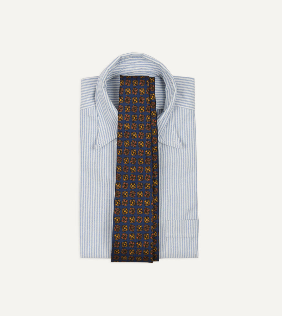 Navy Geometric Flowers Tile Print Silk Self-Tipped Tie