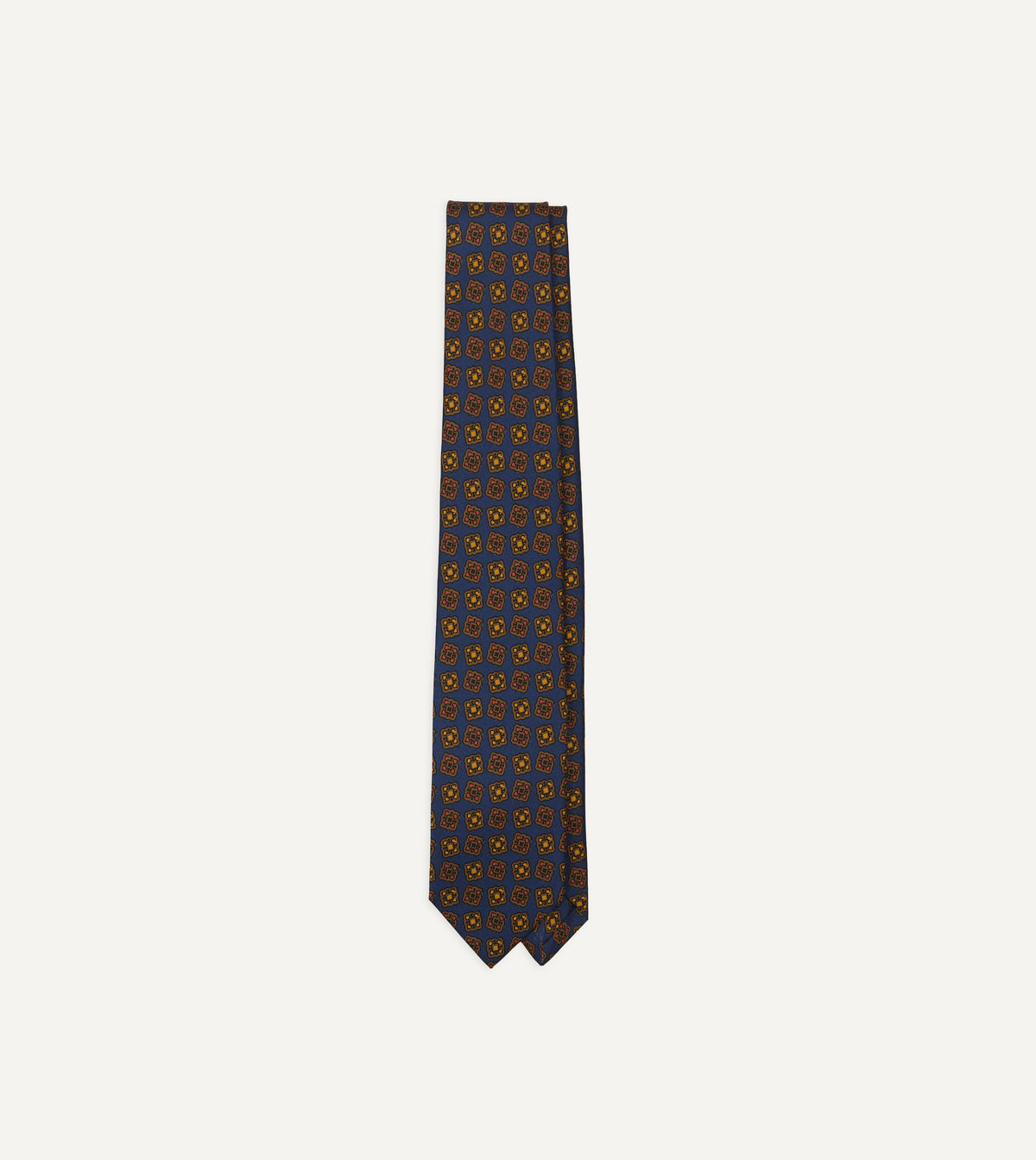 Navy Geometric Flowers Tile Print Silk Self-Tipped Tie