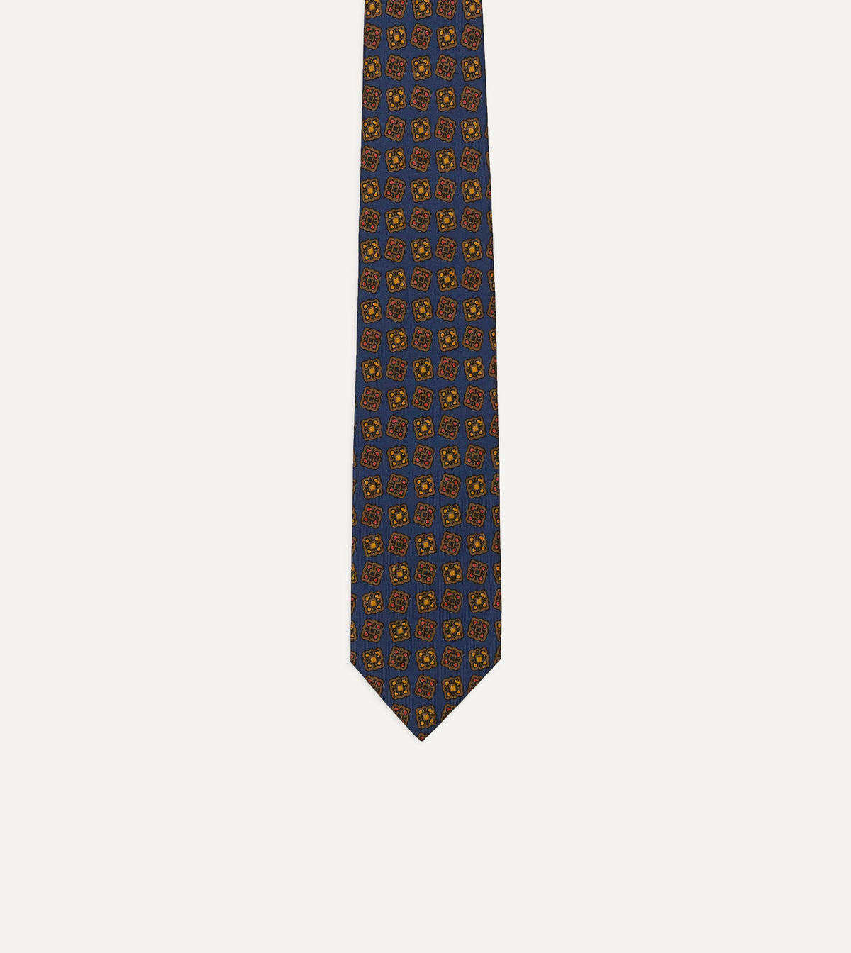 Navy Geometric Flowers Tile Print Silk Self-Tipped Tie