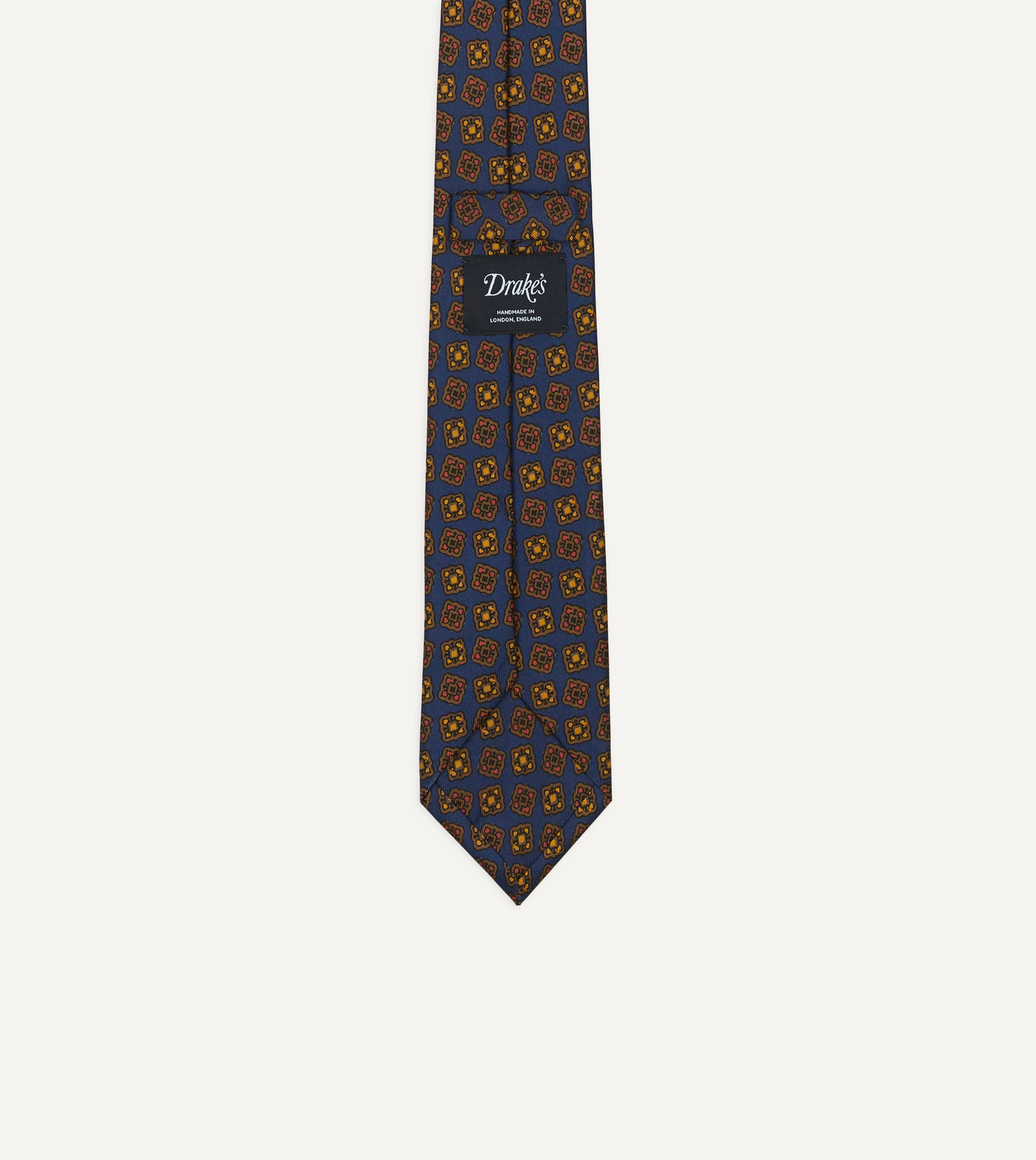 Navy Geometric Flowers Tile Print Silk Self-Tipped Tie