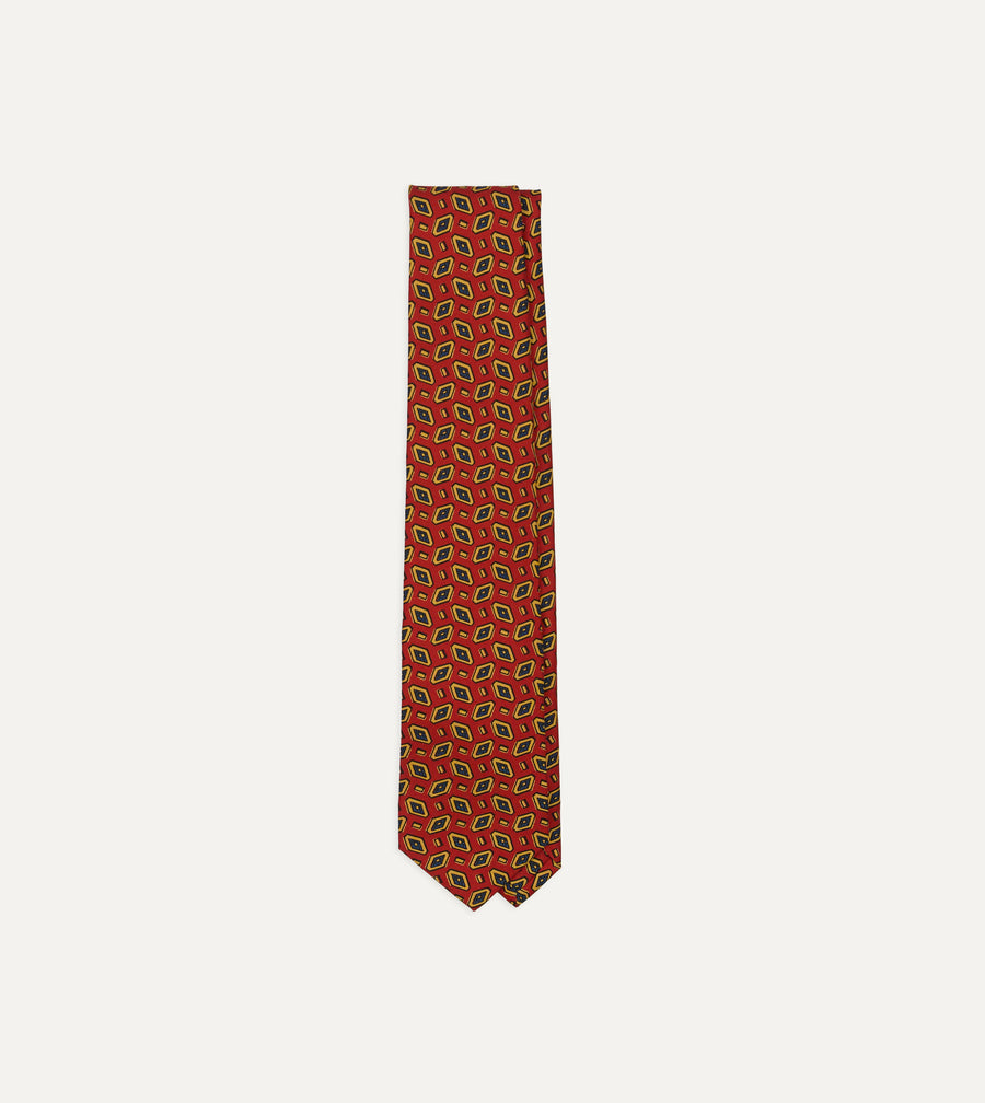 Red Jumbled Diamonds Tile Print Silk Self-Tipped Tie