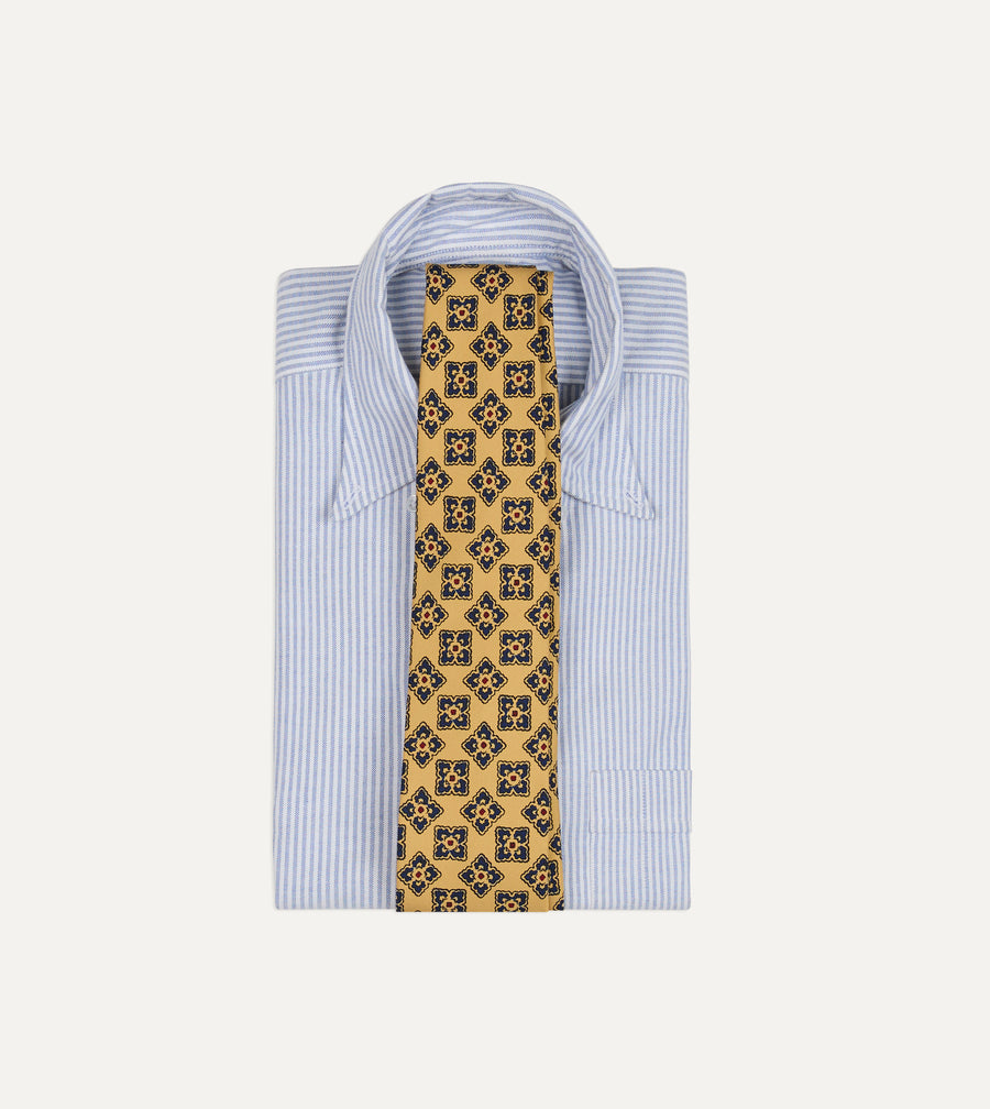 Yellow and Navy Large Flowers Tile Print Silk Self-Tipped Tie