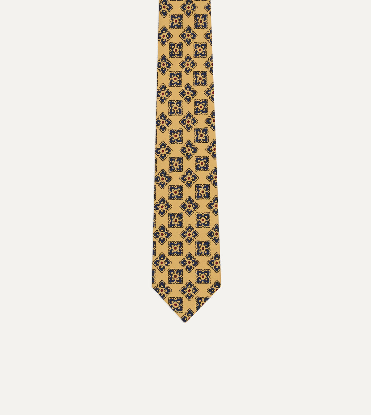 Yellow and Navy Large Flowers Tile Print Silk Self-Tipped Tie