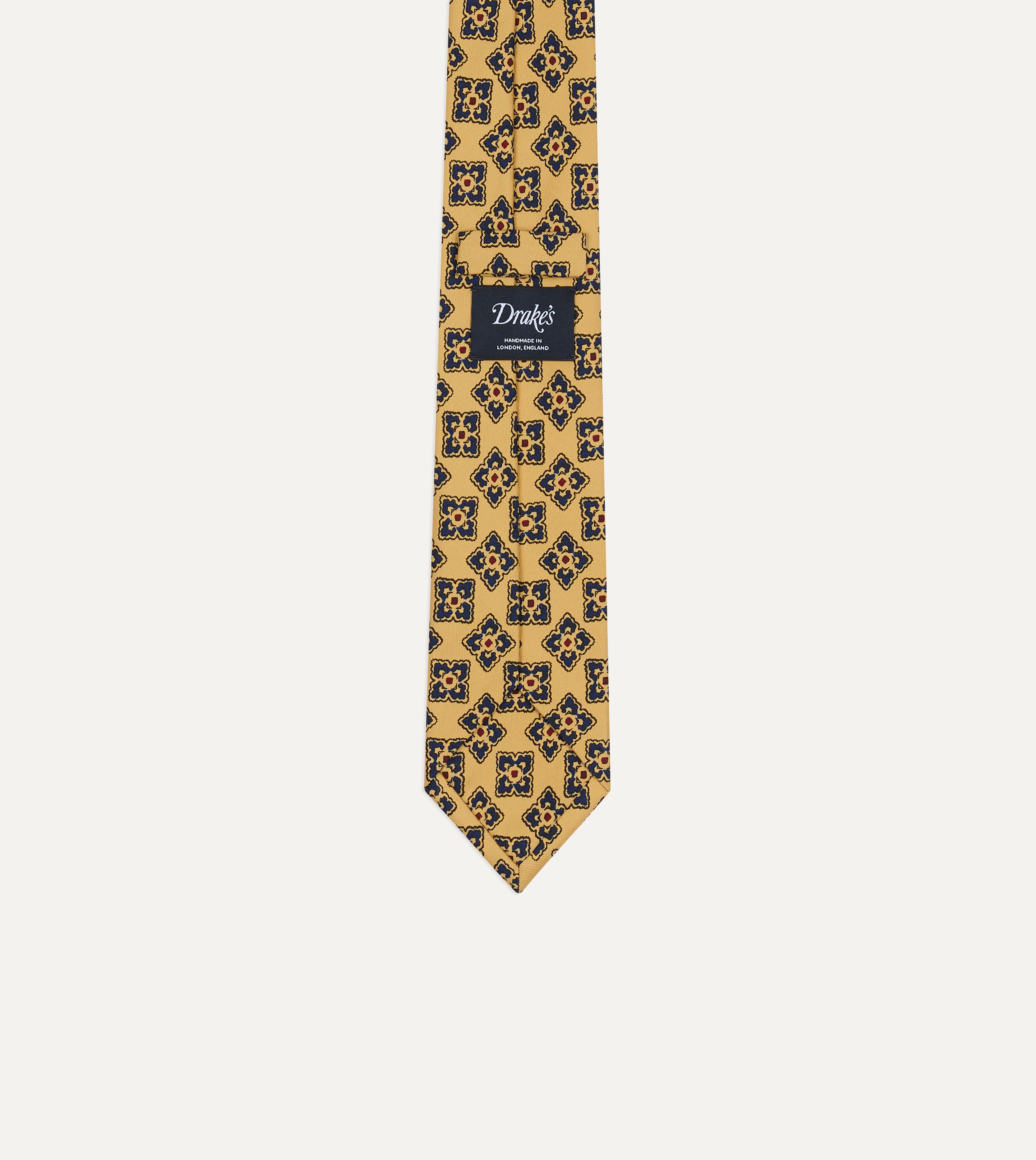 Yellow and Navy Large Flowers Tile Print Silk Self-Tipped Tie