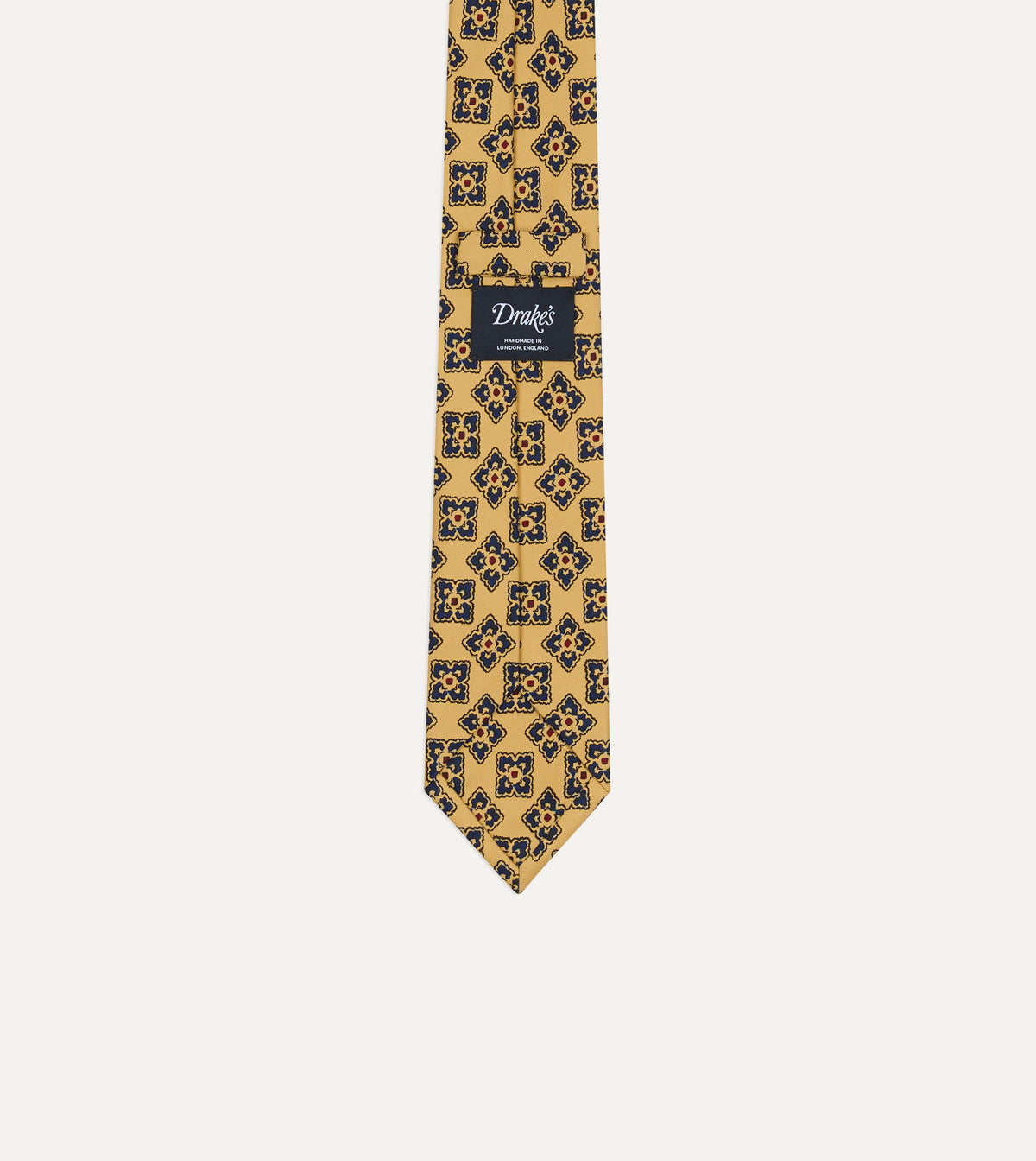 Yellow and Navy Large Flowers Tile Print Silk Self-Tipped Tie