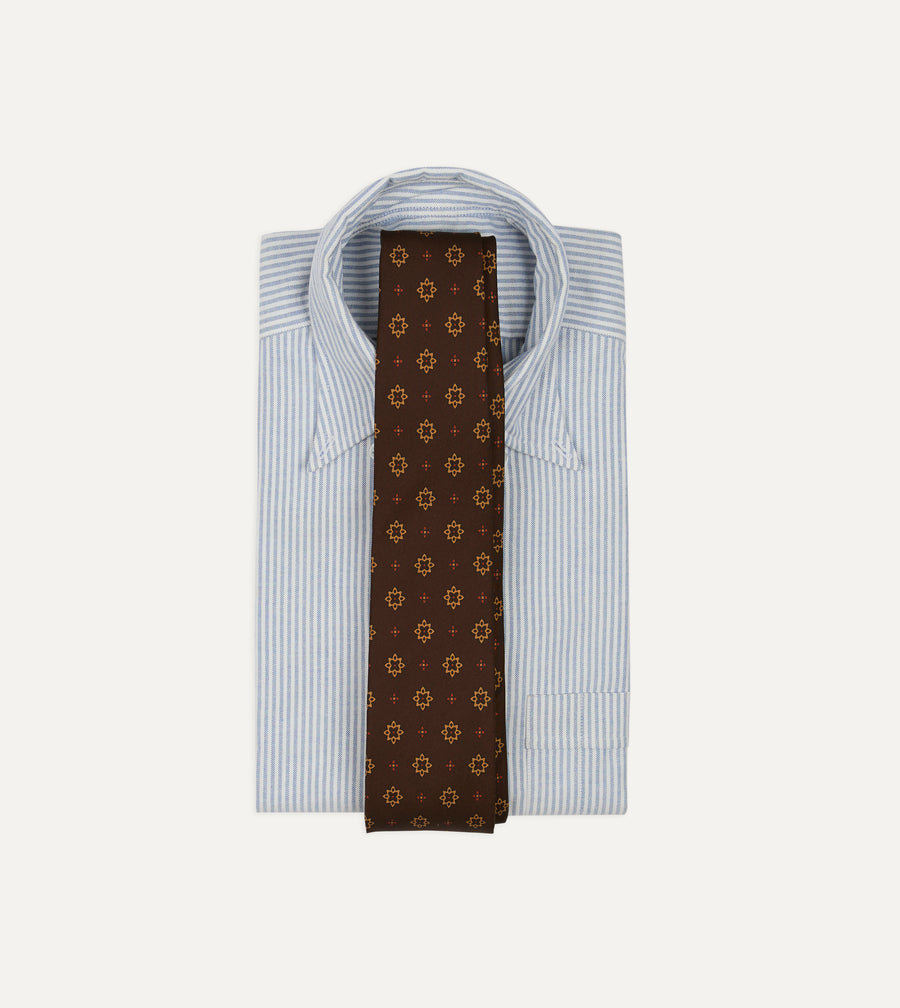 Brown Star Flowers Tile Print Silk Self-Tipped Tie