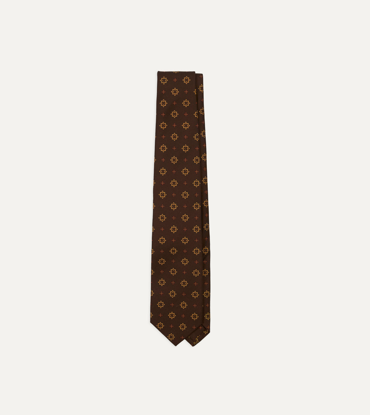 Brown Star Flowers Tile Print Silk Self-Tipped Tie