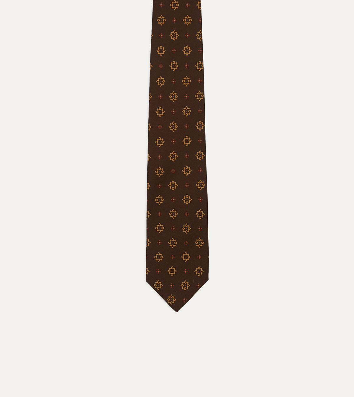 Brown Star Flowers Tile Print Silk Self-Tipped Tie