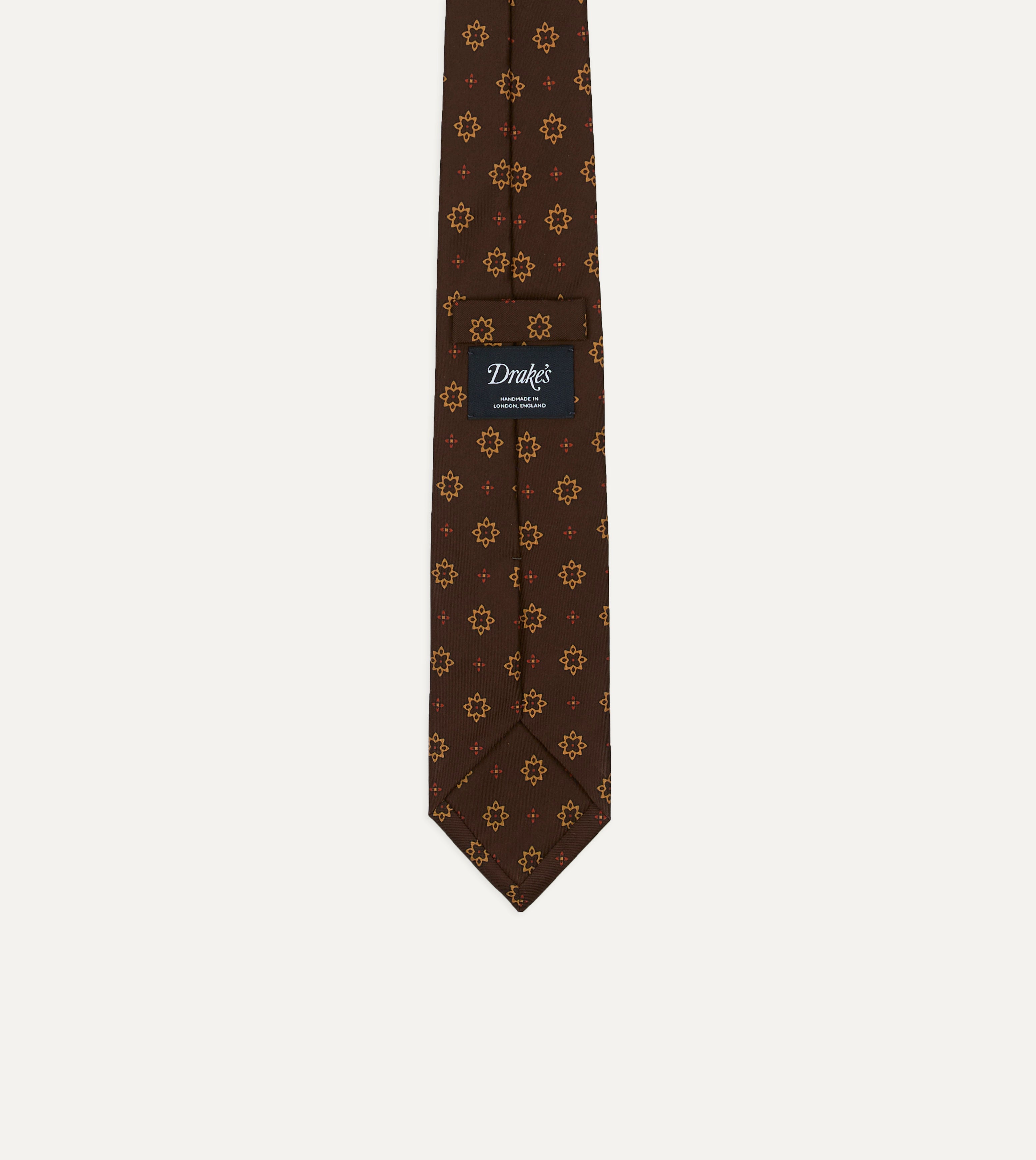 Brown Star Flowers Tile Print Silk Self-Tipped Tie