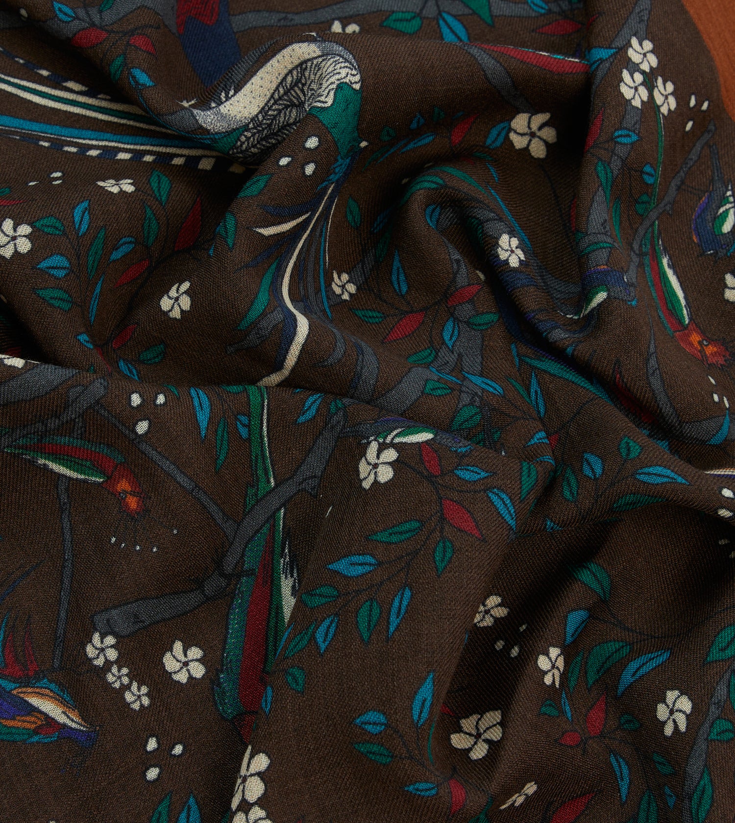 Brown Birds of Paradise Print Wool Scarf