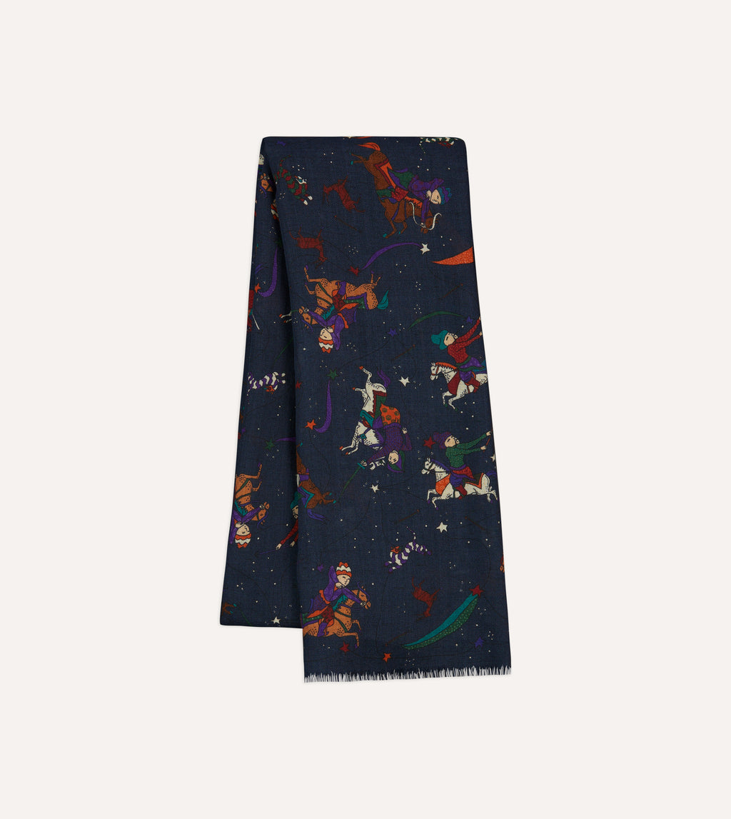 Navy Mughal and Stars Print Wool Scarf – Drakes US