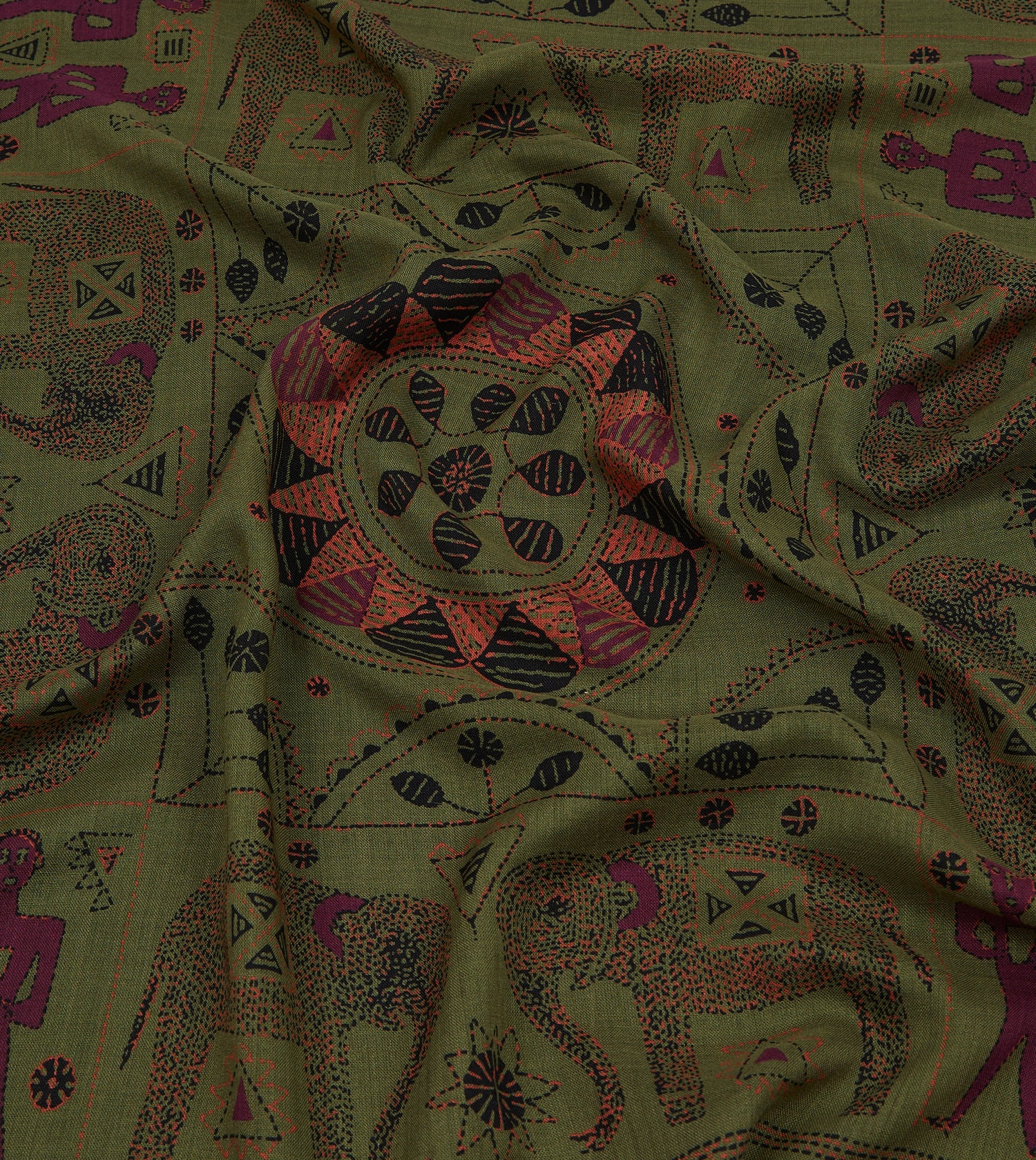 Olive Elephant Print Wool-Silk Scarf