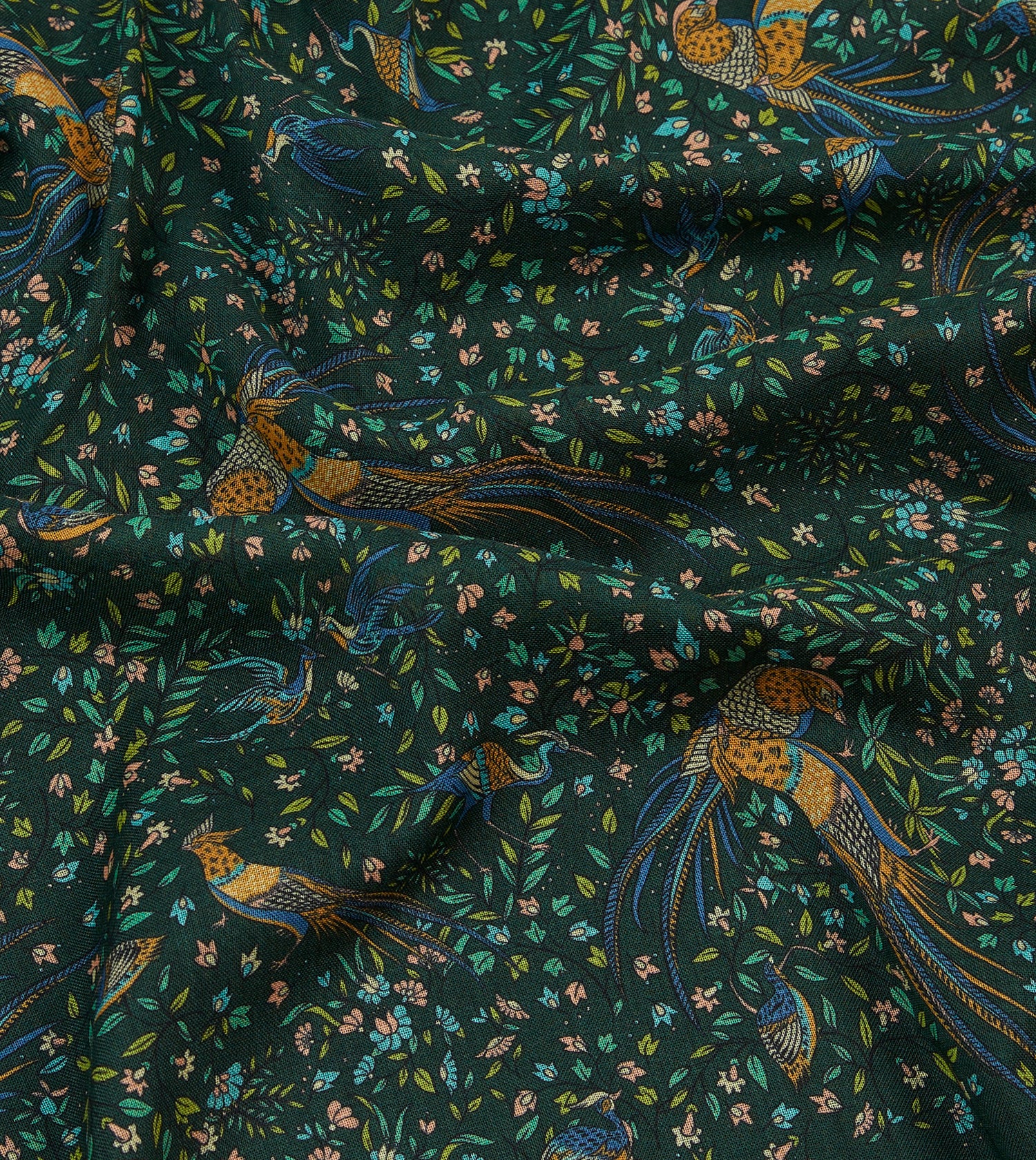 Green Floral Birds of Paradise Print Wool-Silk Scarf