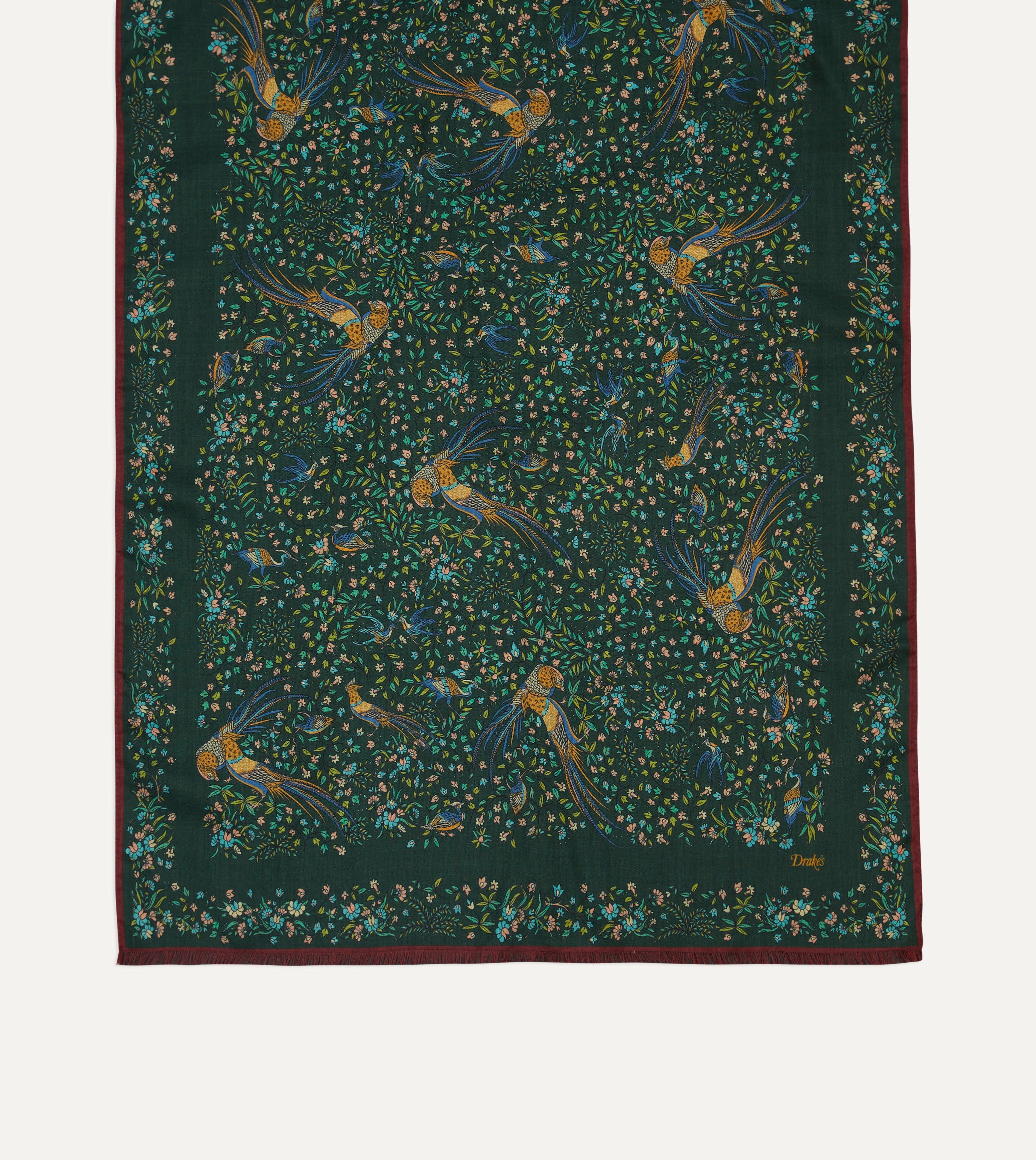 Green Floral Birds of Paradise Print Wool-Silk Scarf – Drakes US