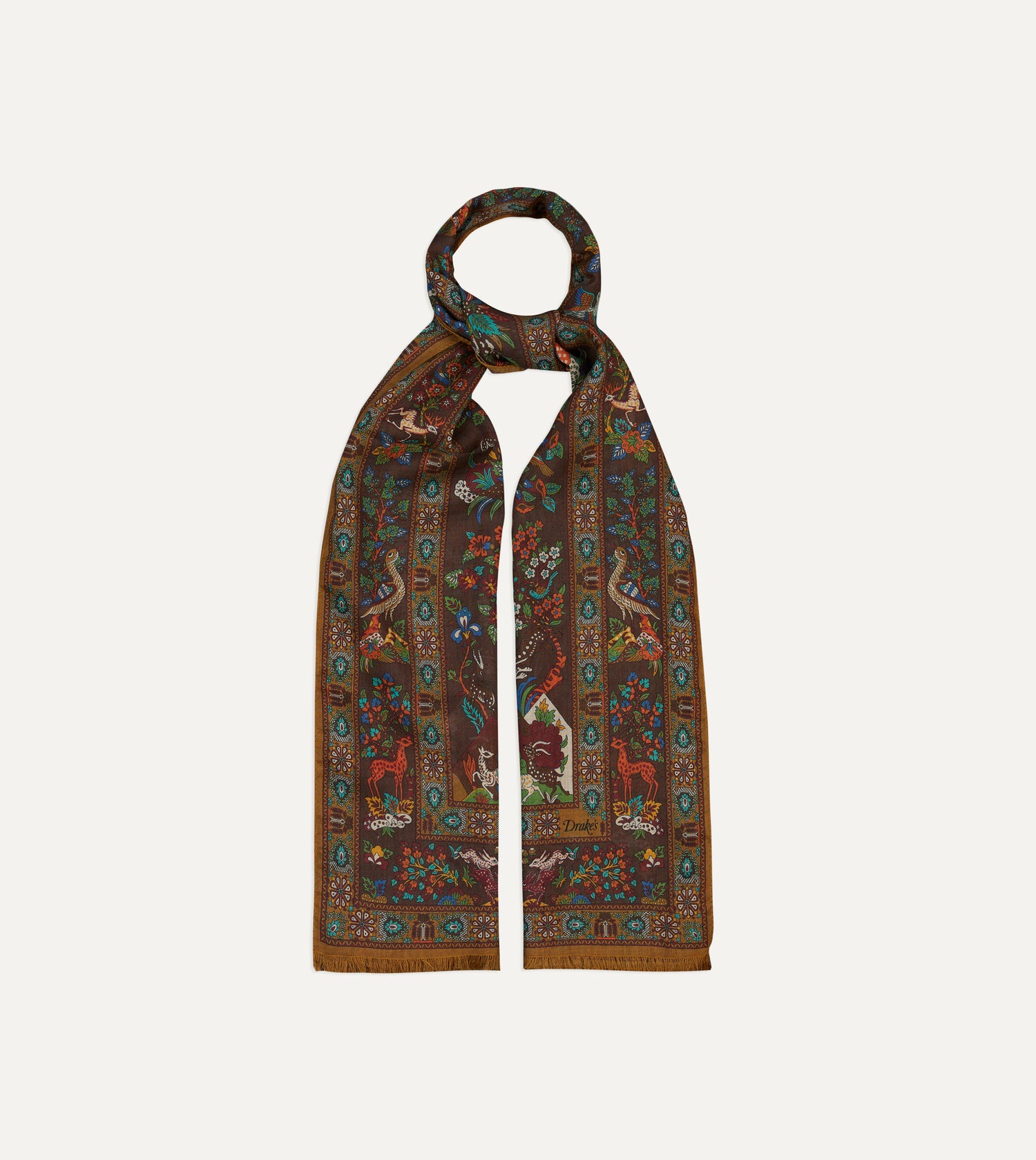 Brown Forest Animals Print Wool-Silk Scarf