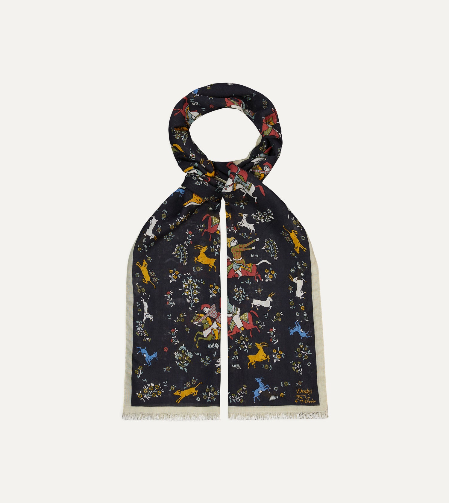 Drake's by A. Levine Black Mughal Print Wool-Silk Scarf