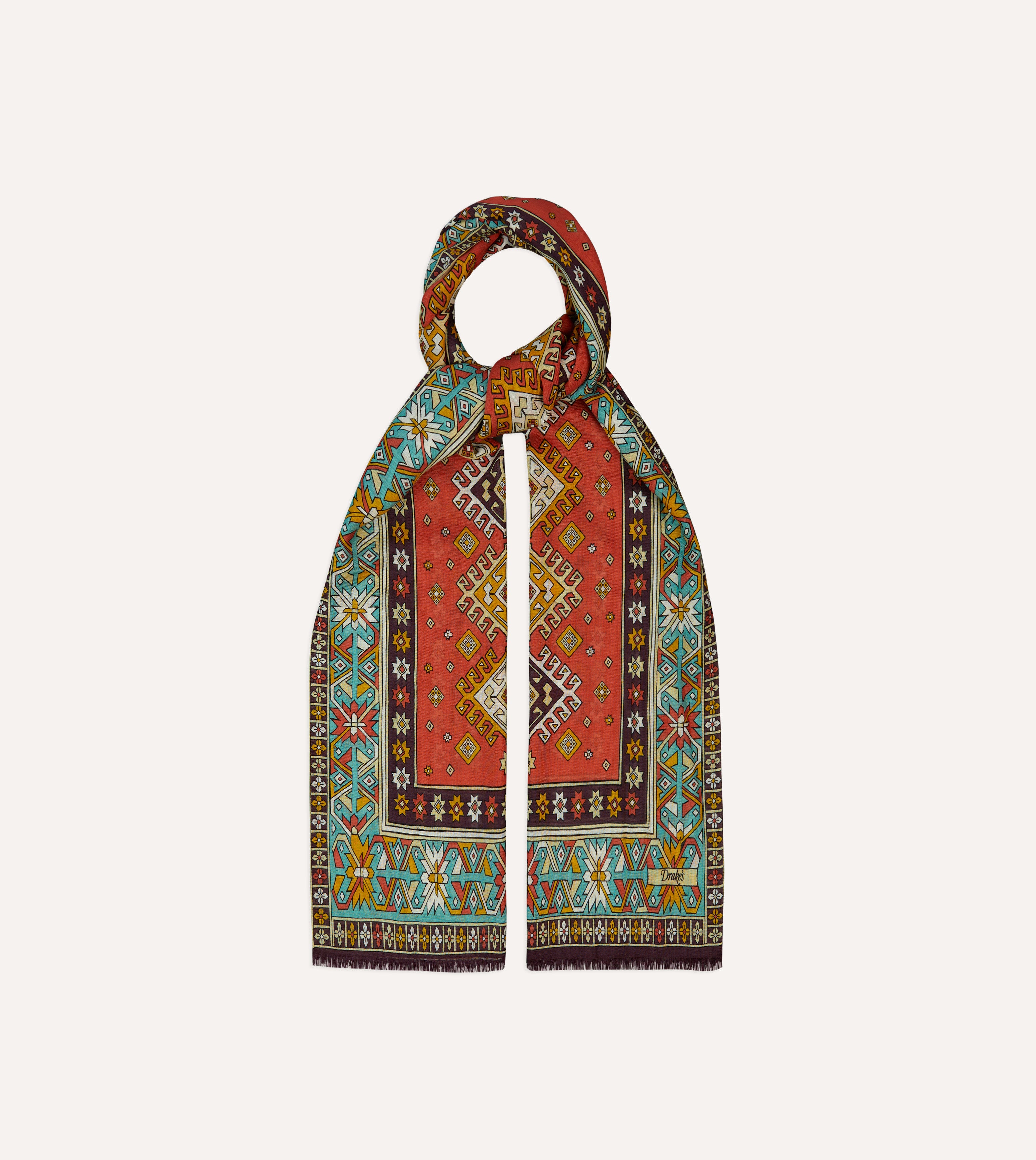 Red and Turquoise Kilim Print Tubular Wool Silk Scarf