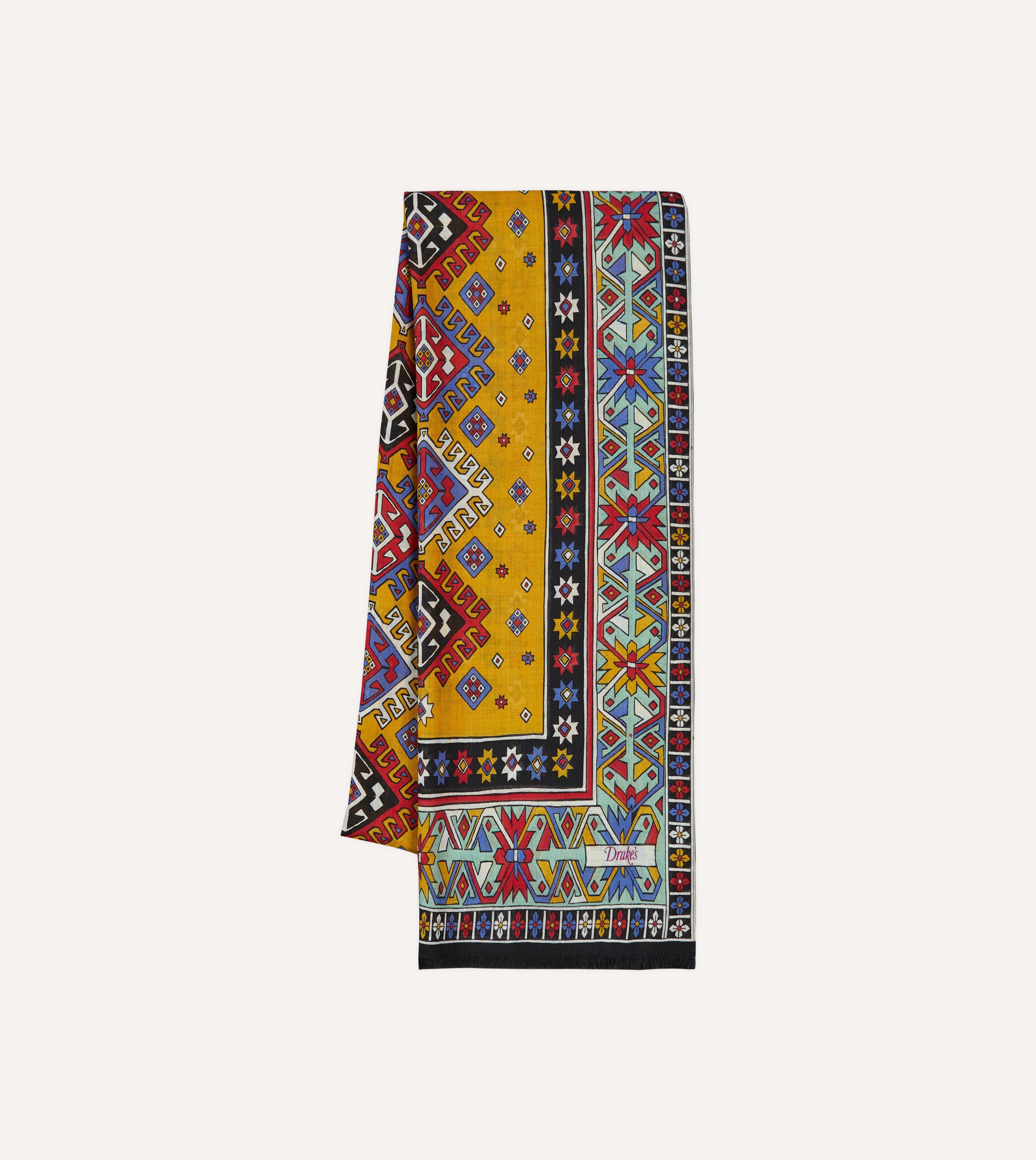 Gold and Green Kilim Print Tubular Wool Silk Scarf