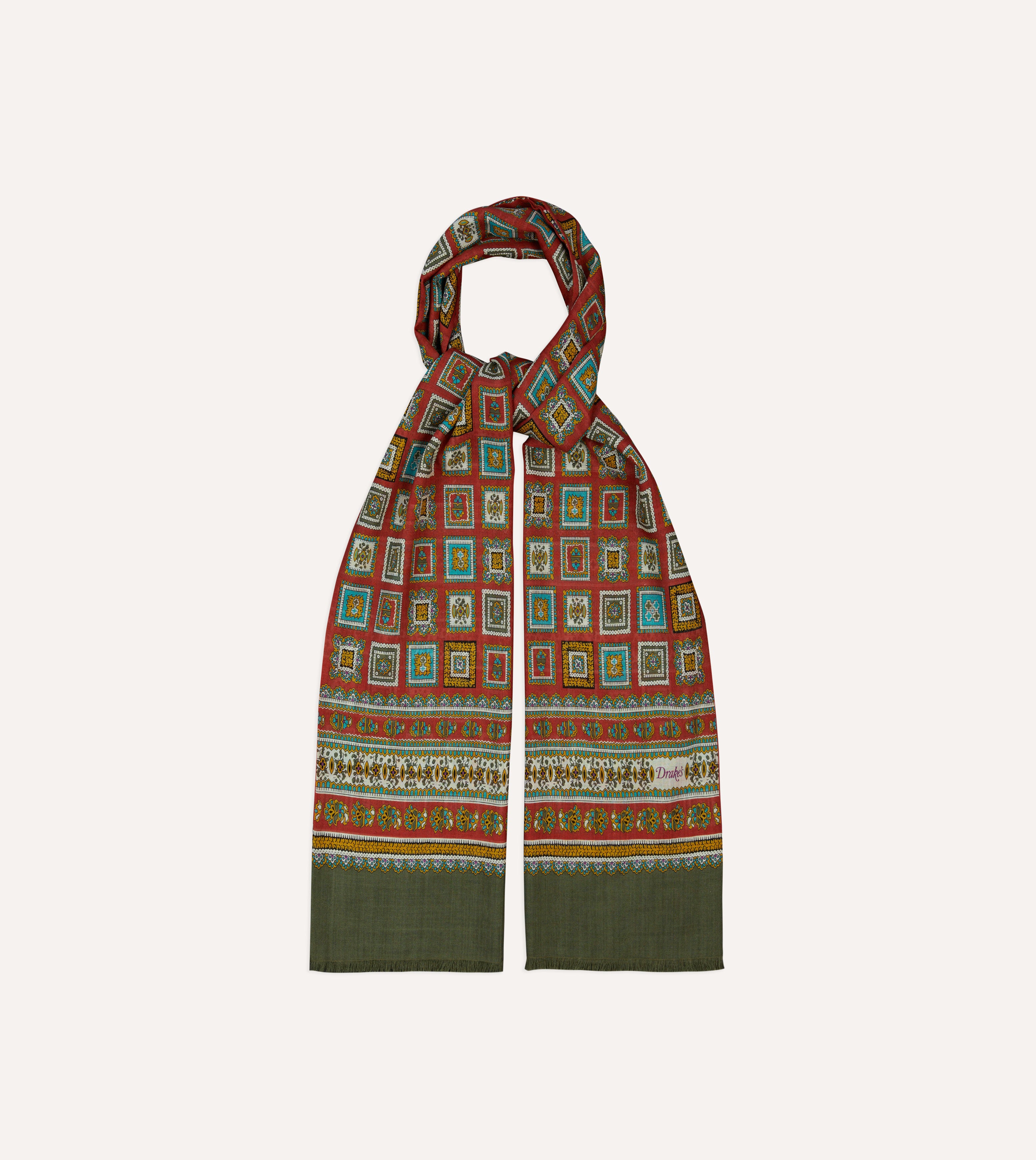 Red and Green Medallion Print Tubular Wool Silk Scarf