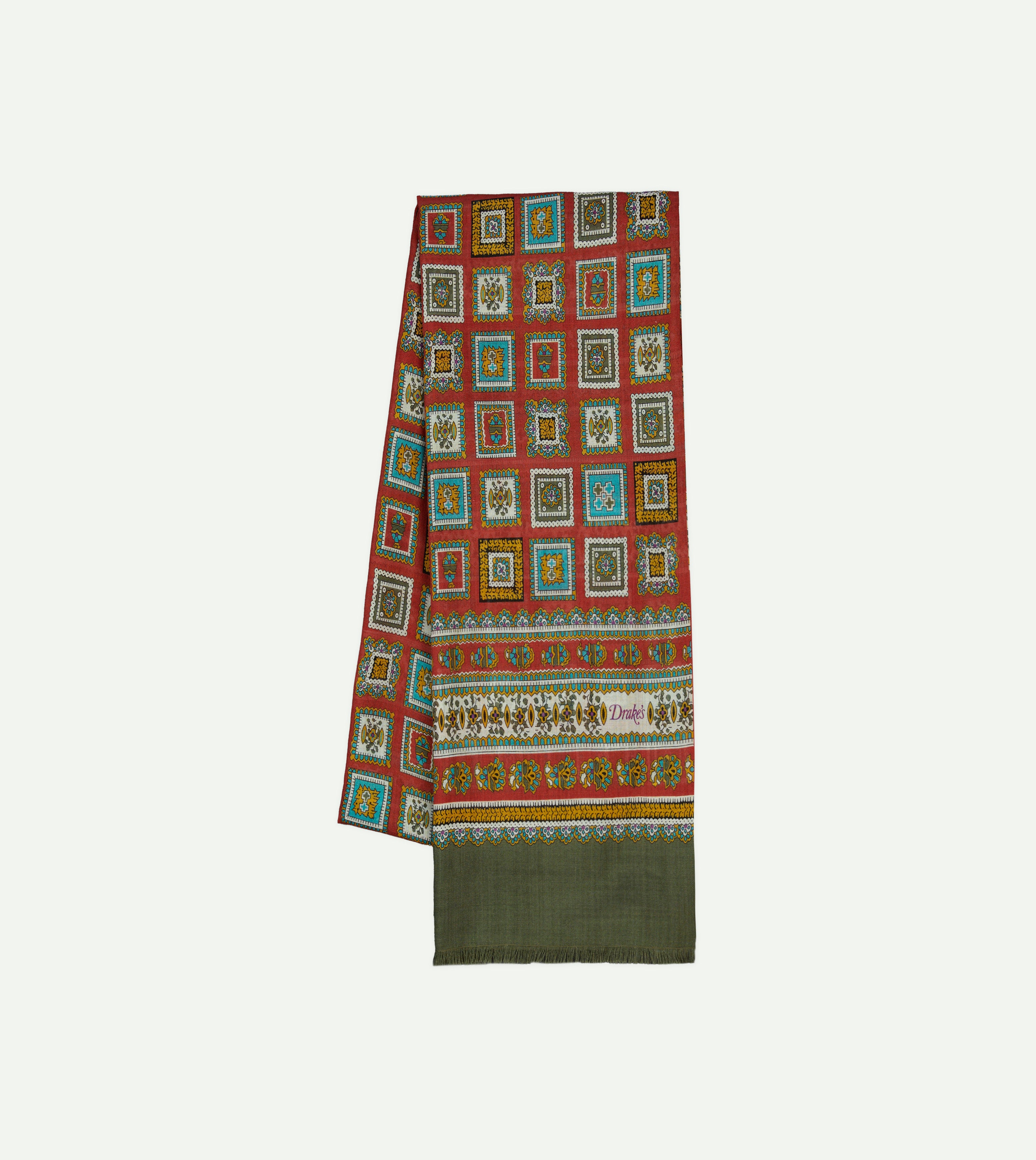 Red and Green Medallion Print Tubular Wool Silk Scarf