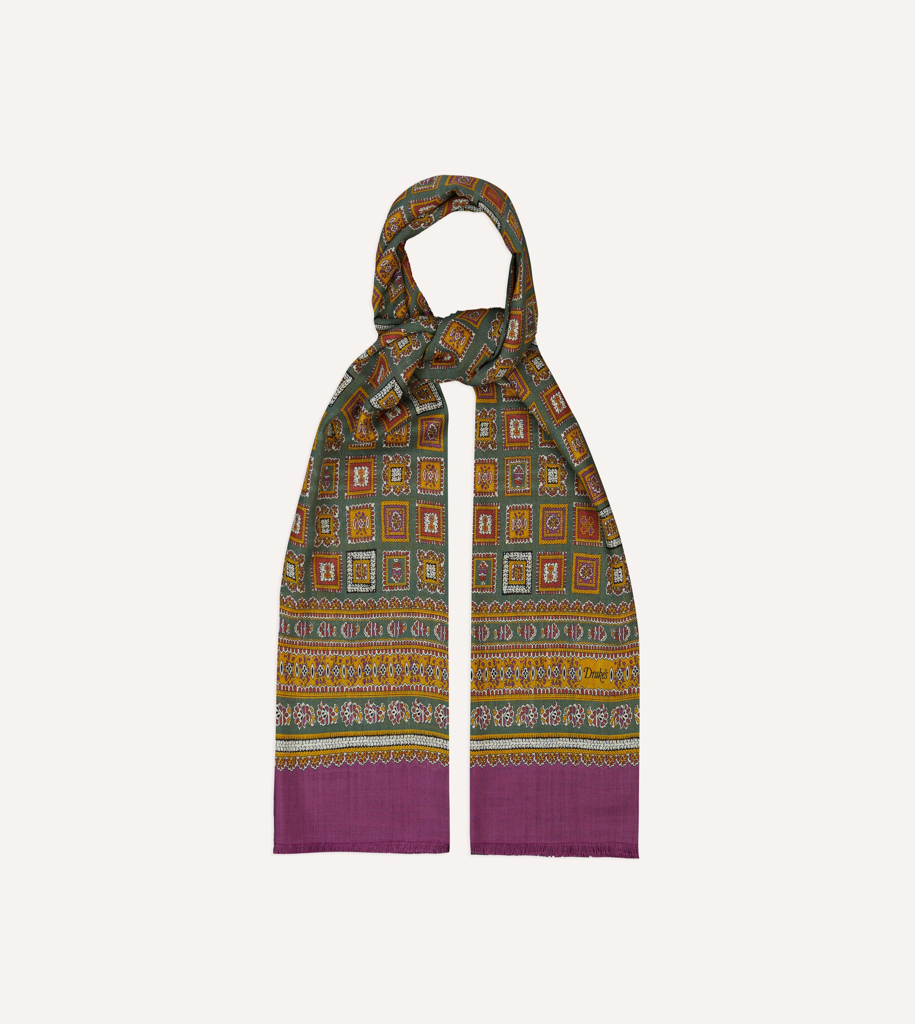 Purple and Green Medallion Print Tubular Wool Silk Scarf