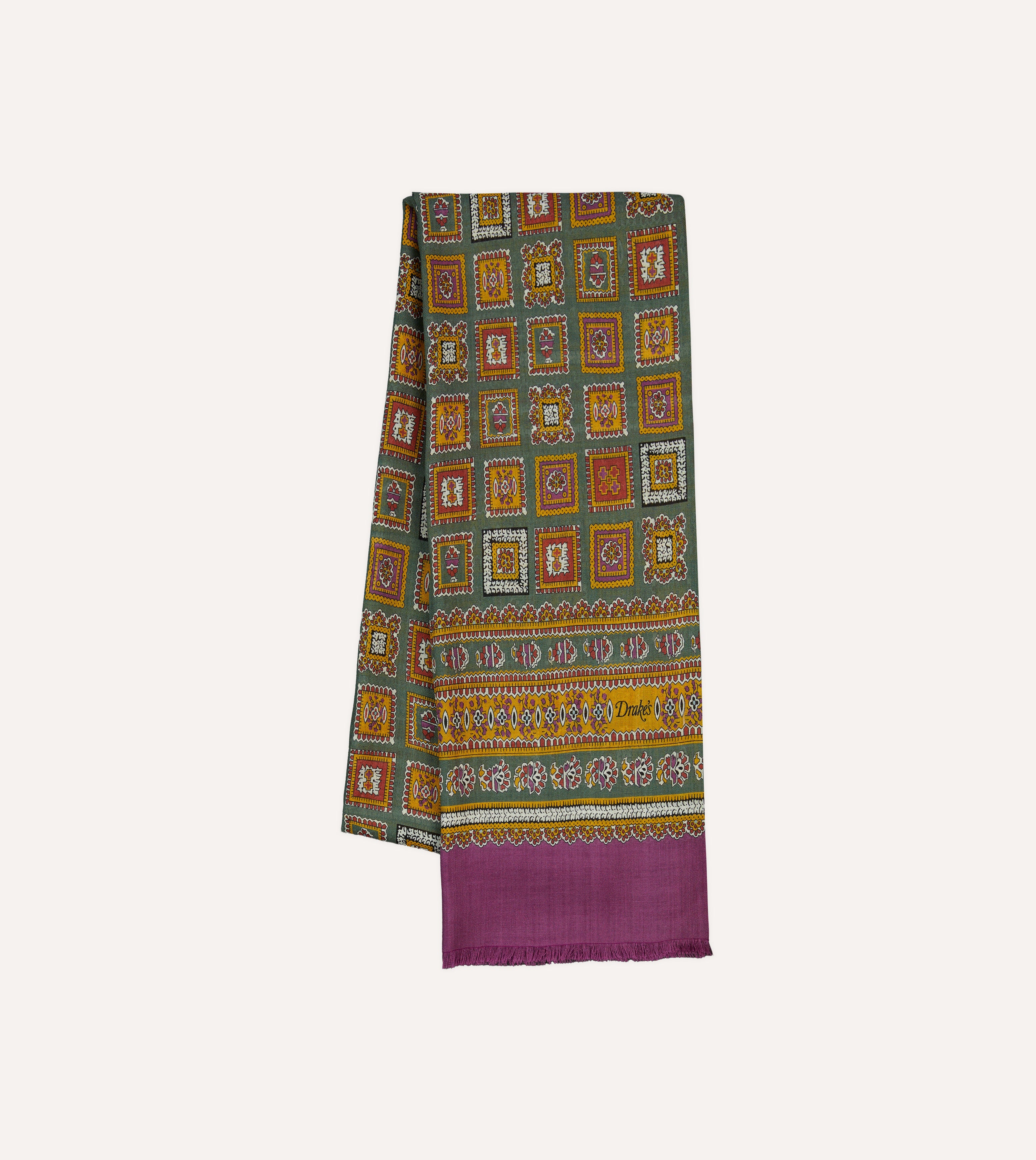 Purple and Green Medallion Print Tubular Wool Silk Scarf