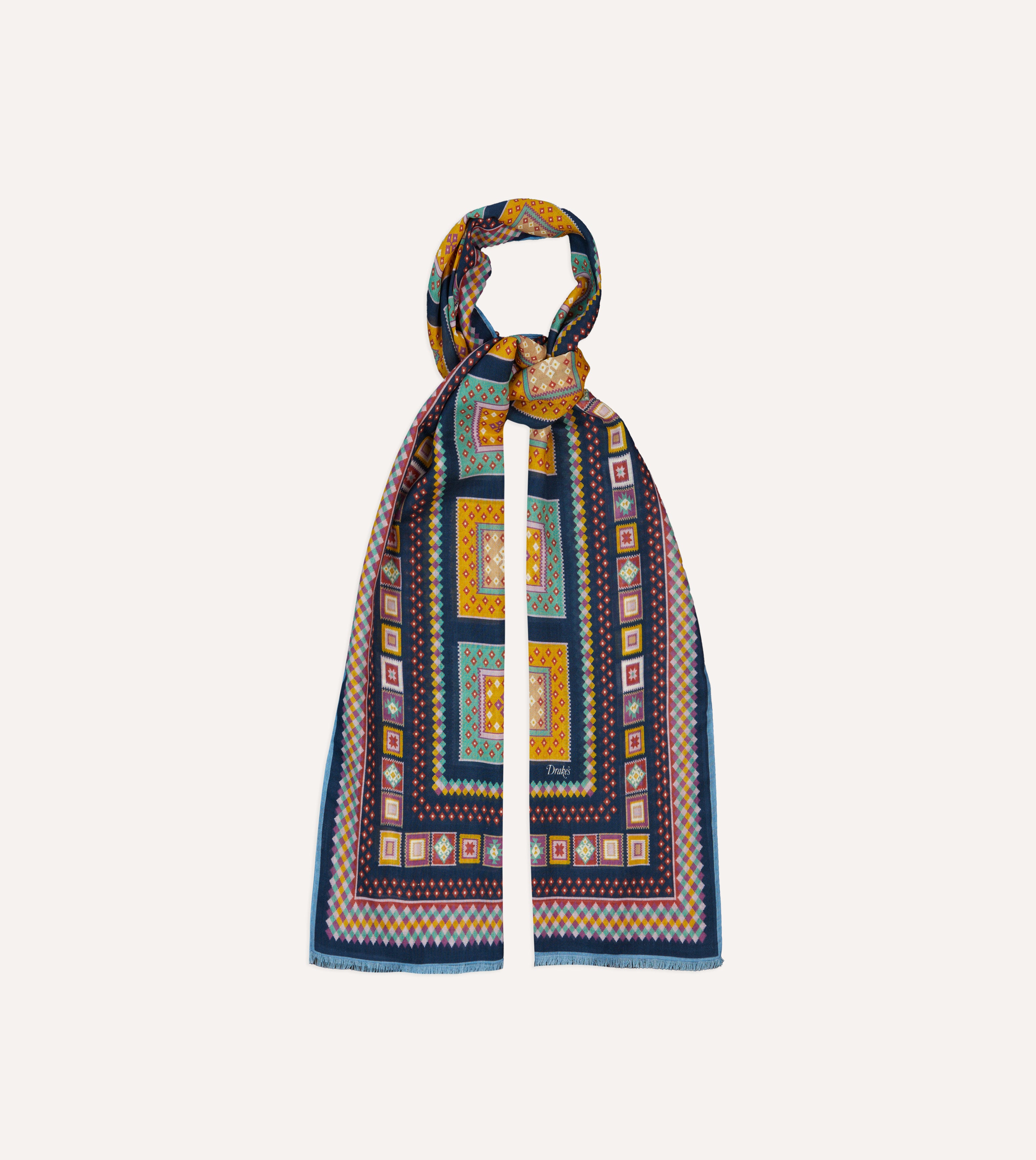 Navy Kilim Blocks Print Wool-Silk Scarf