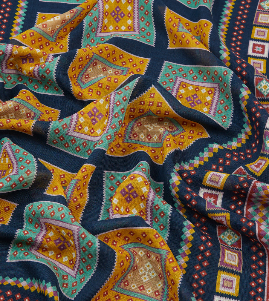 Navy Kilim Blocks Print Wool-Silk Scarf
