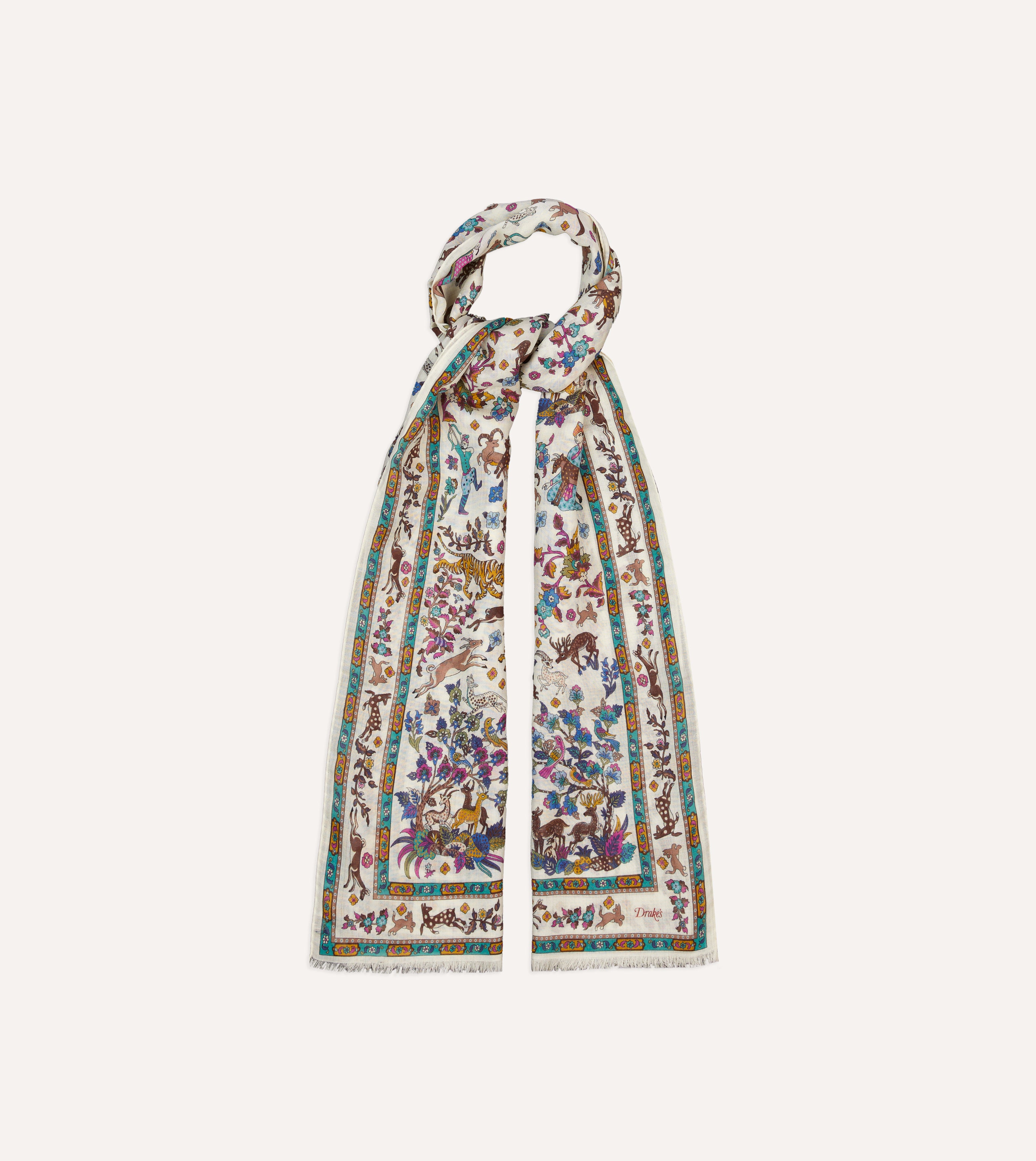 Ecru Summer Mughal Print Wool Silk Scarf