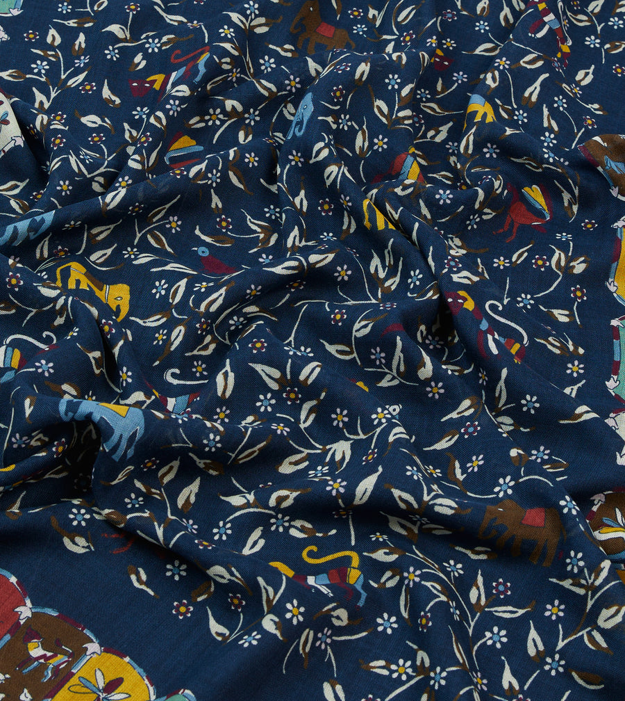 Navy Elephants and Flowers Print Wool-Silk Scarf
