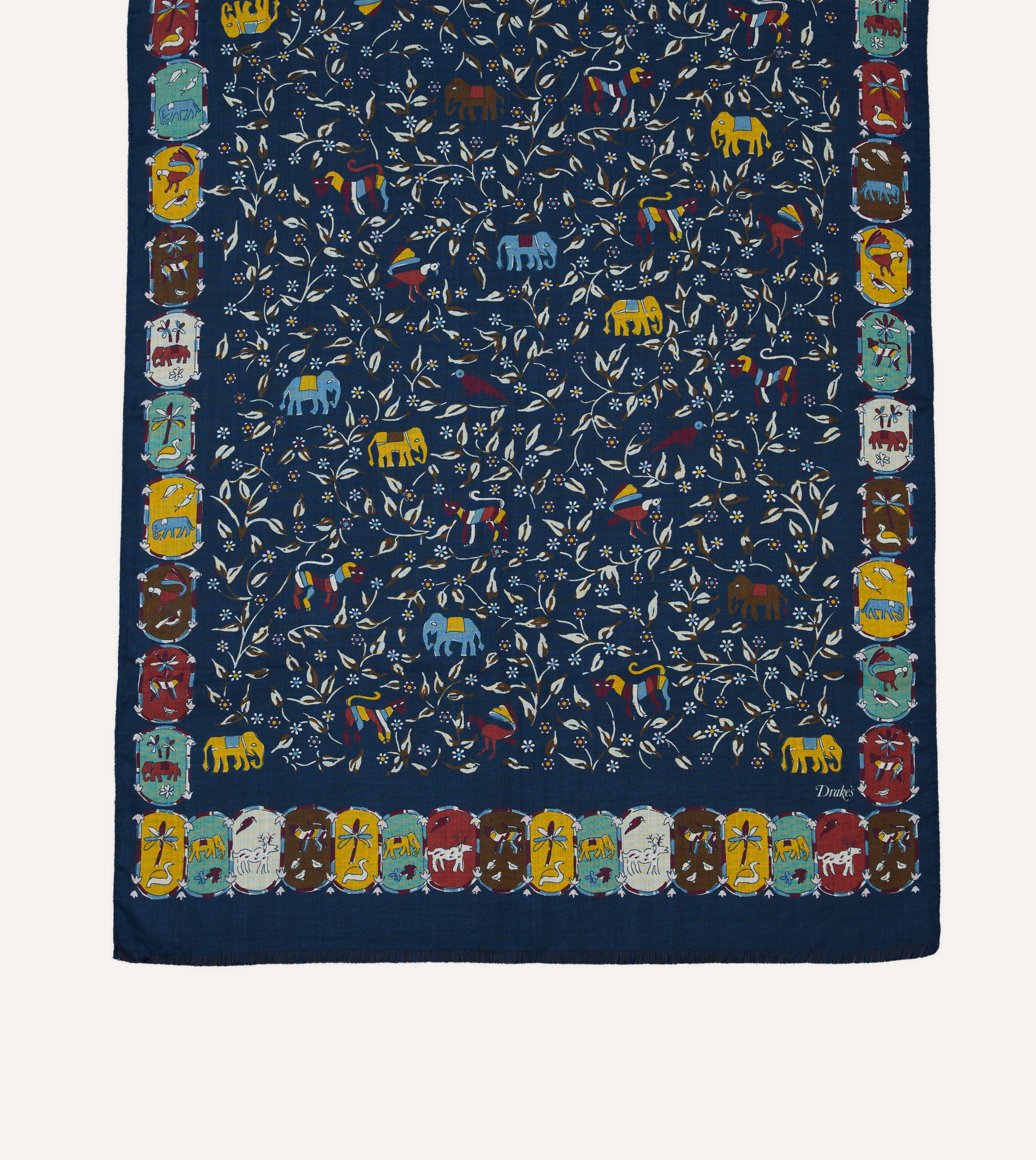 Drake's 動物柄 ネイビー スカーフ ストール ウールシルク Navy Elephants and Flowers Print Wool-Silk Scarf – Drakes US