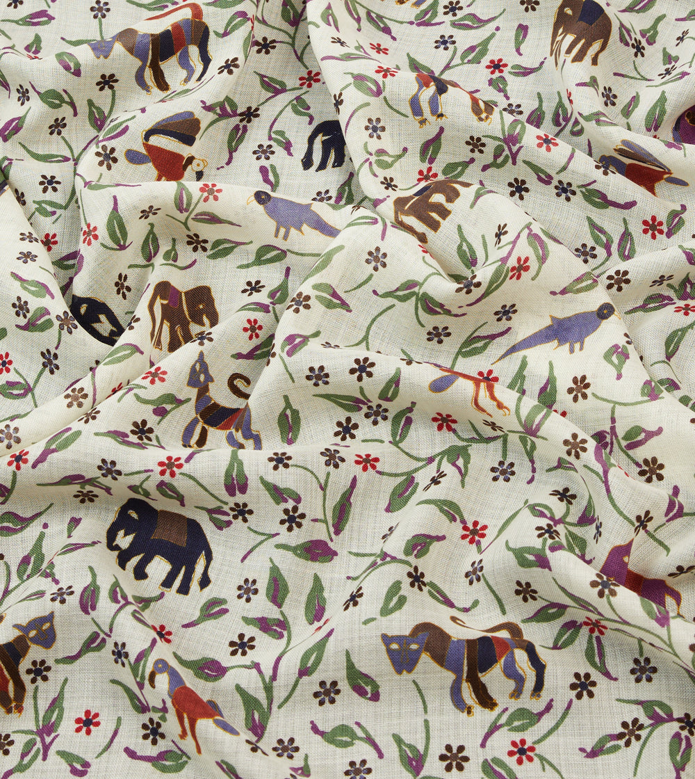 Ecru Elephants and Flowers Print Wool-Silk Scarf