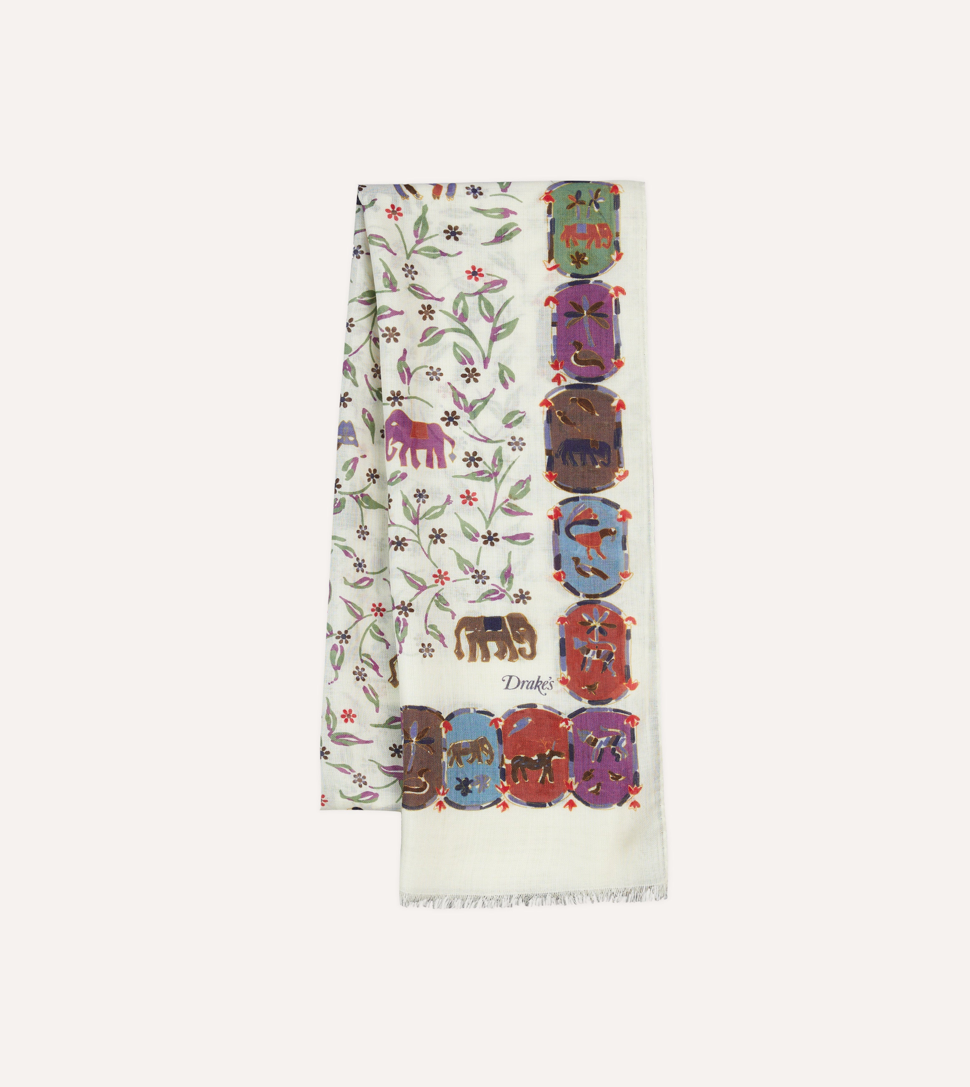 Ecru Elephants and Flowers Print Wool-Silk Scarf