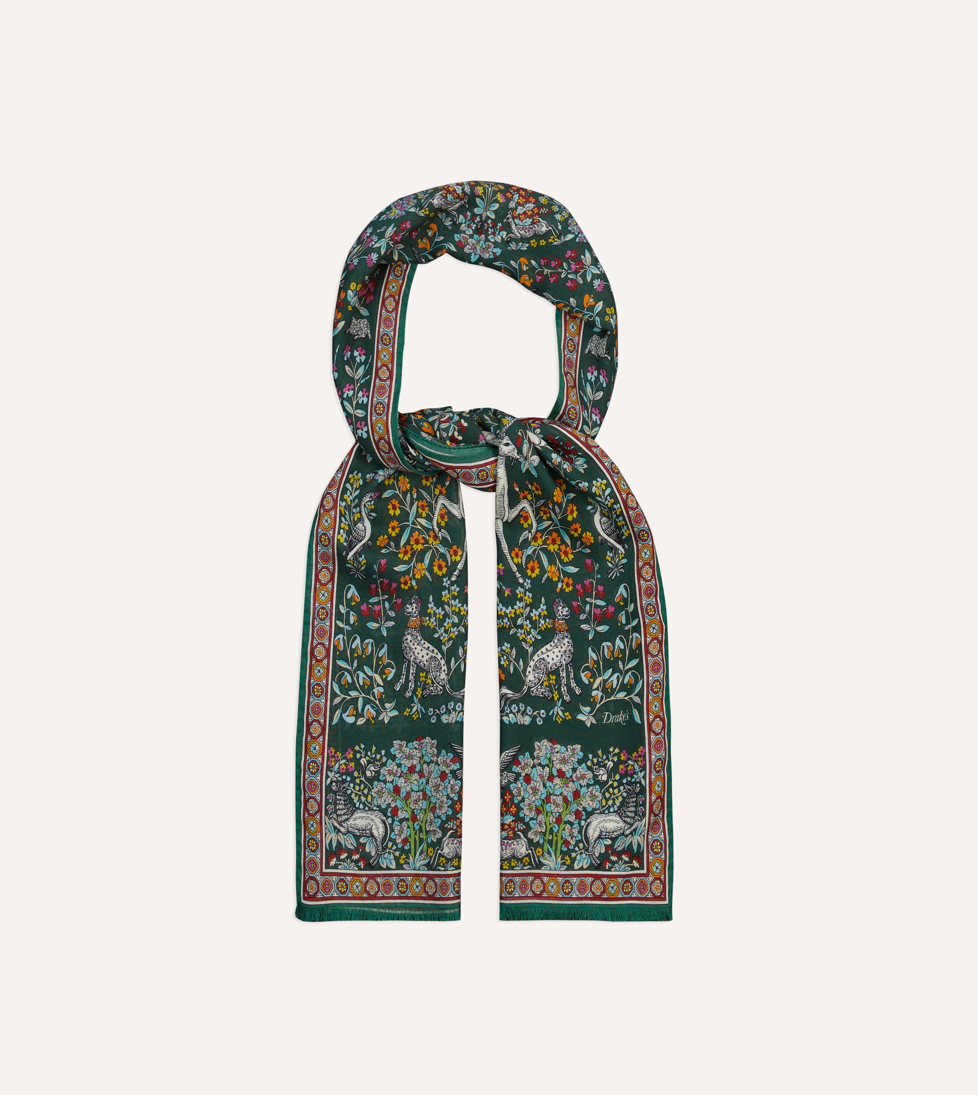 Green Forest Animals Print Wool-Silk Scarf