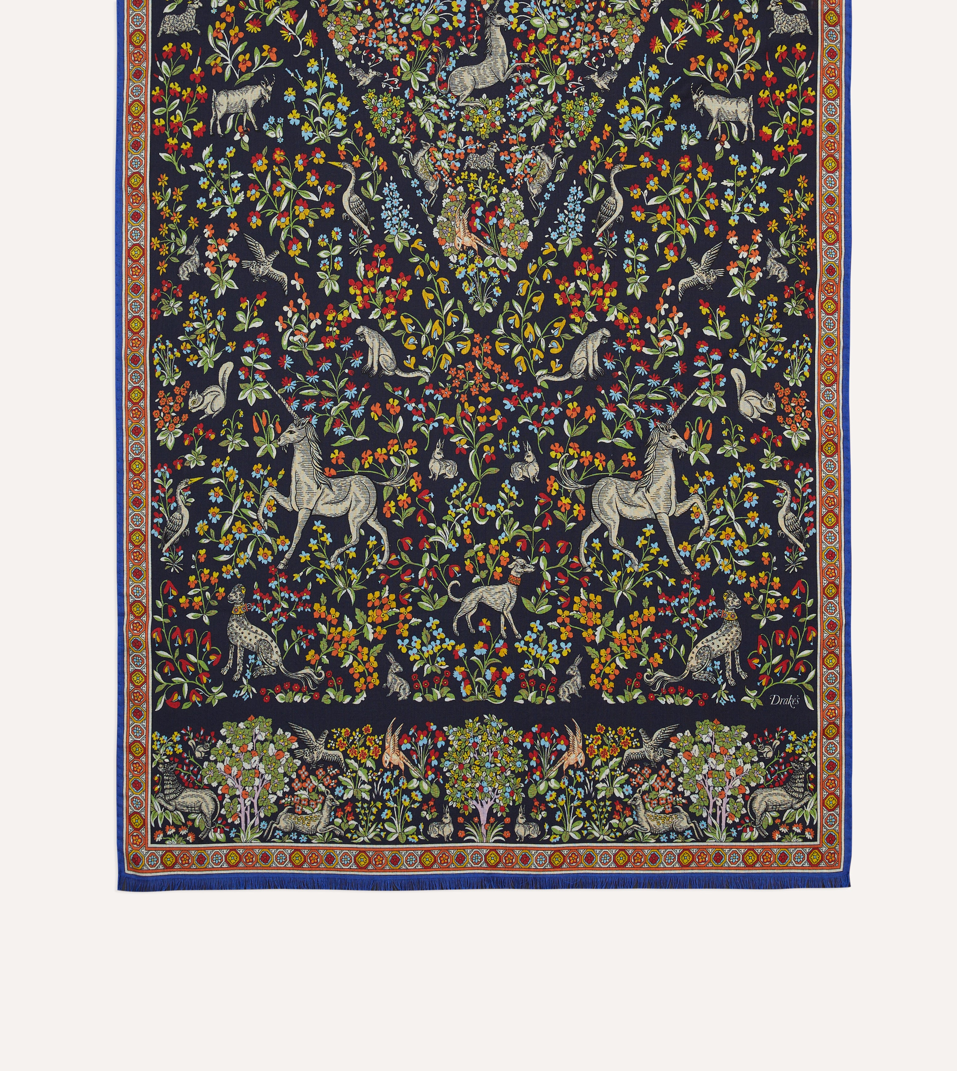 Drake's 動物柄 ネイビー スカーフ ウールシルク Drake's 動物柄